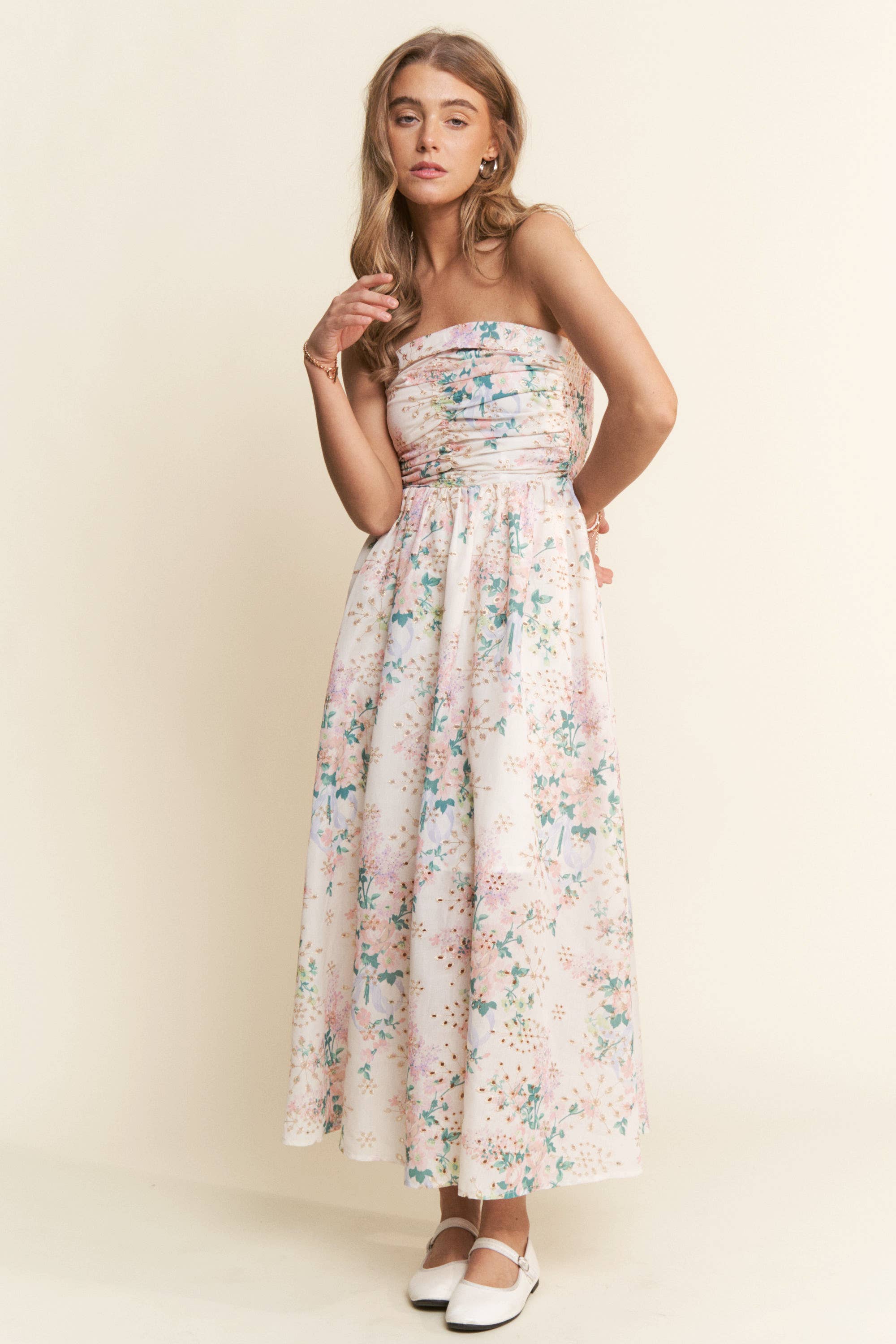Floral Eyelet Ruched Strapless Midi Dress - Styled by Ashley Brooke