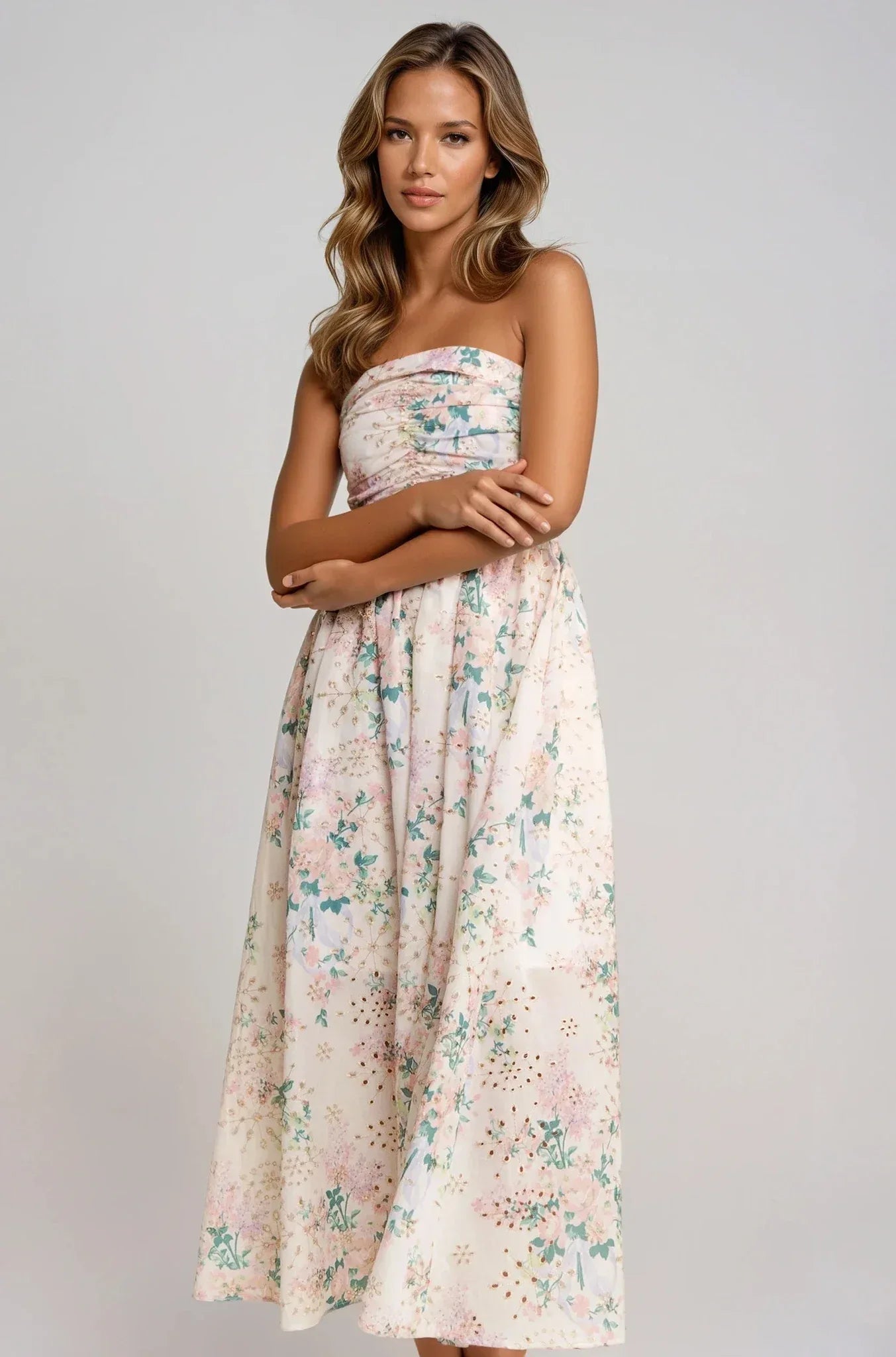 Floral Eyelet Ruched Strapless Midi Dress - Styled by Ashley Brooke