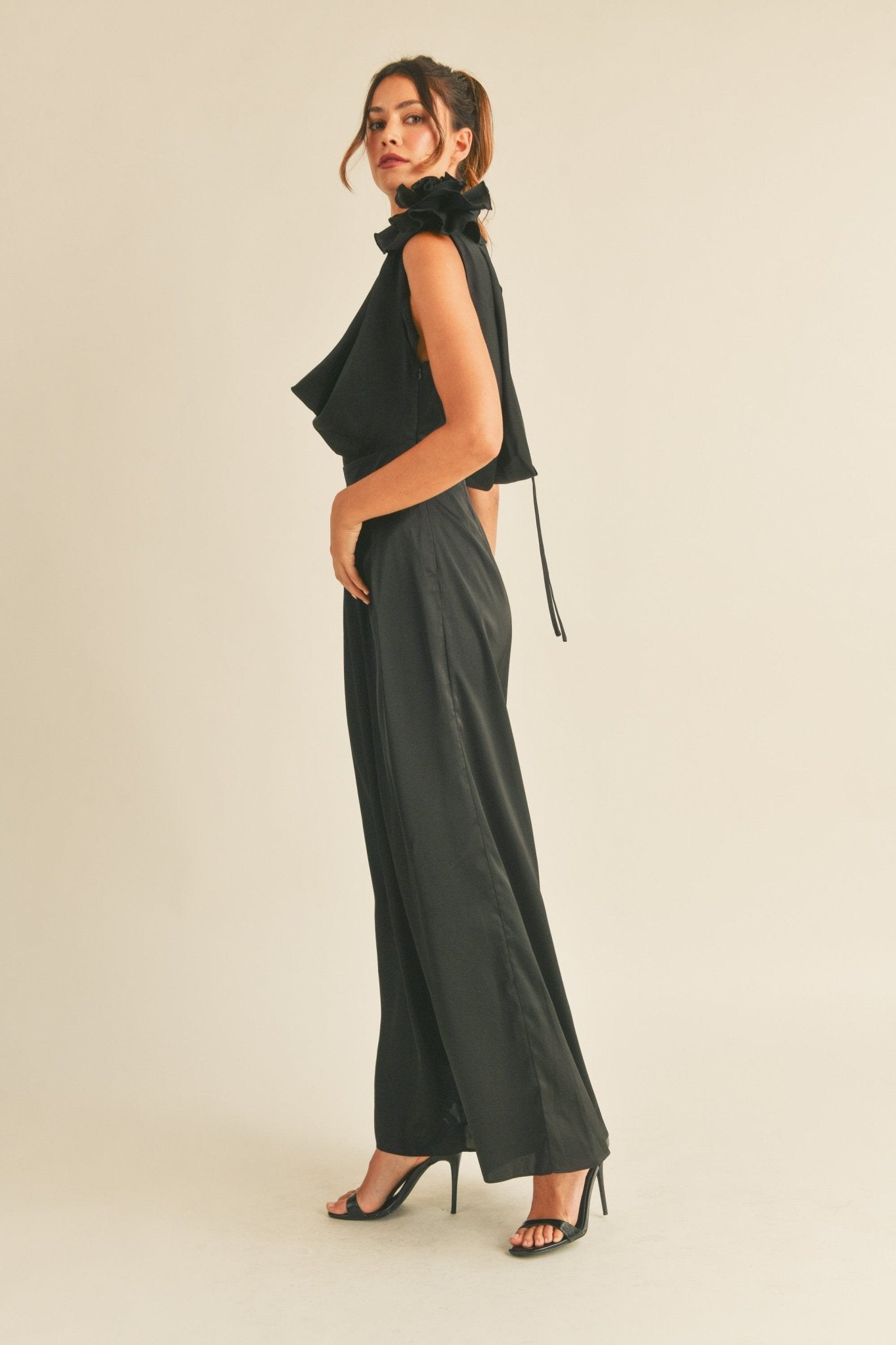 3D Floral Applique Deep Cowl Neck Jumpsuit in Black - Styled by Ashley Brooke