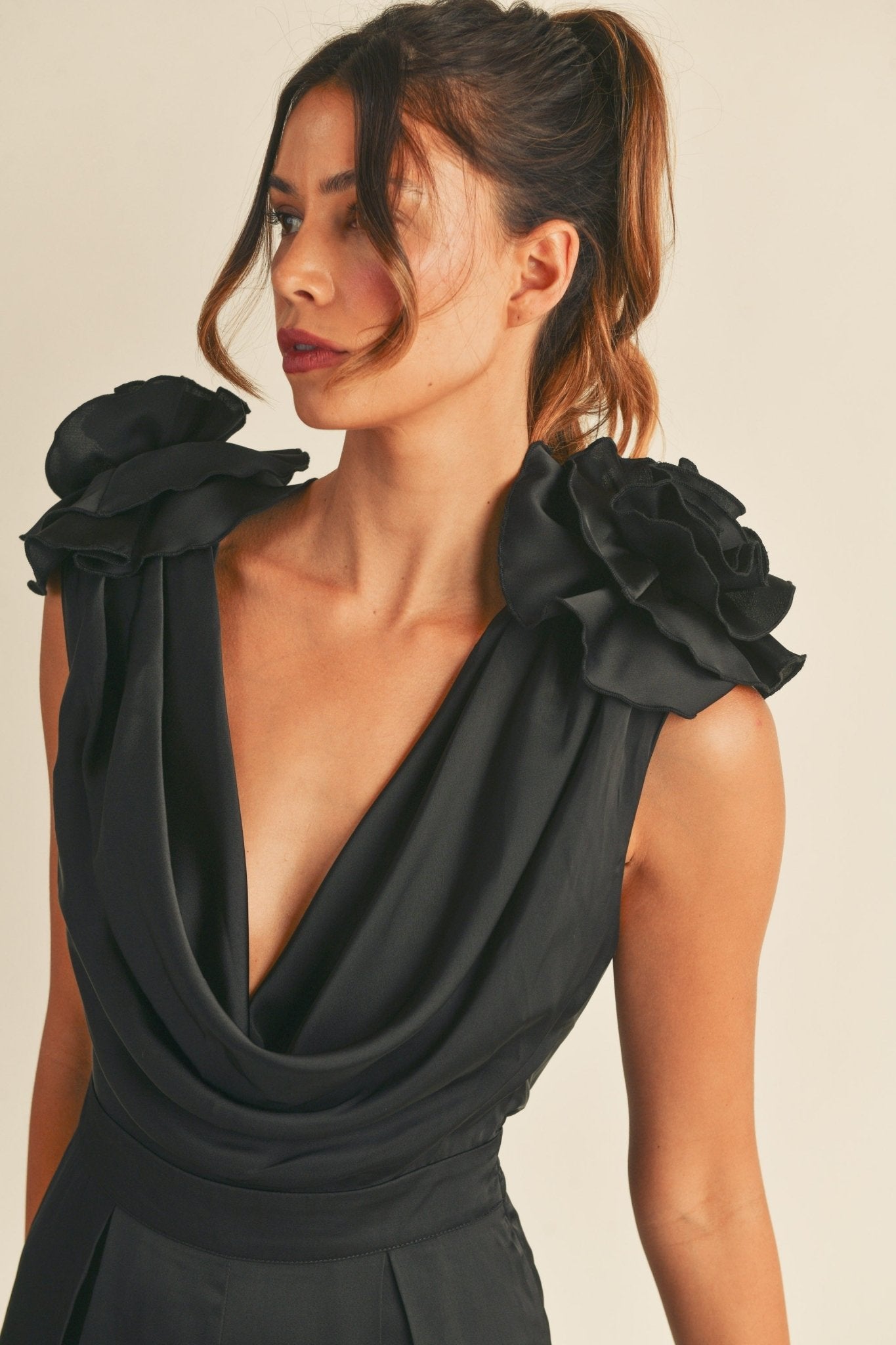 3D Floral Applique Deep Cowl Neck Jumpsuit in Black - Styled by Ashley Brooke