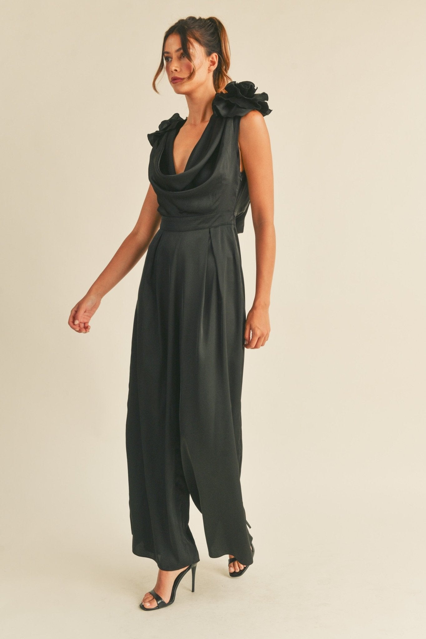 3D Floral Applique Deep Cowl Neck Jumpsuit in Black - Styled by Ashley Brooke