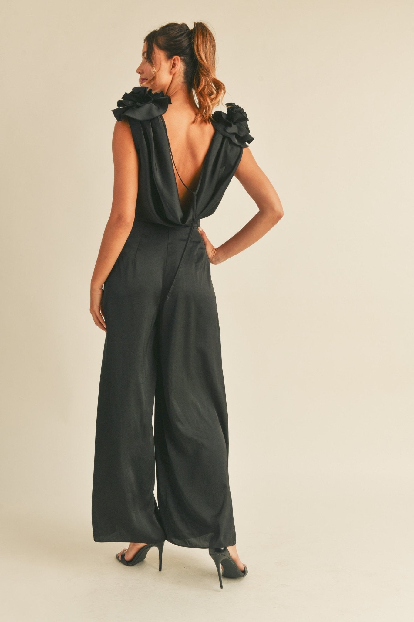 3D Floral Applique Deep Cowl Neck Jumpsuit in Black - Styled by Ashley Brooke