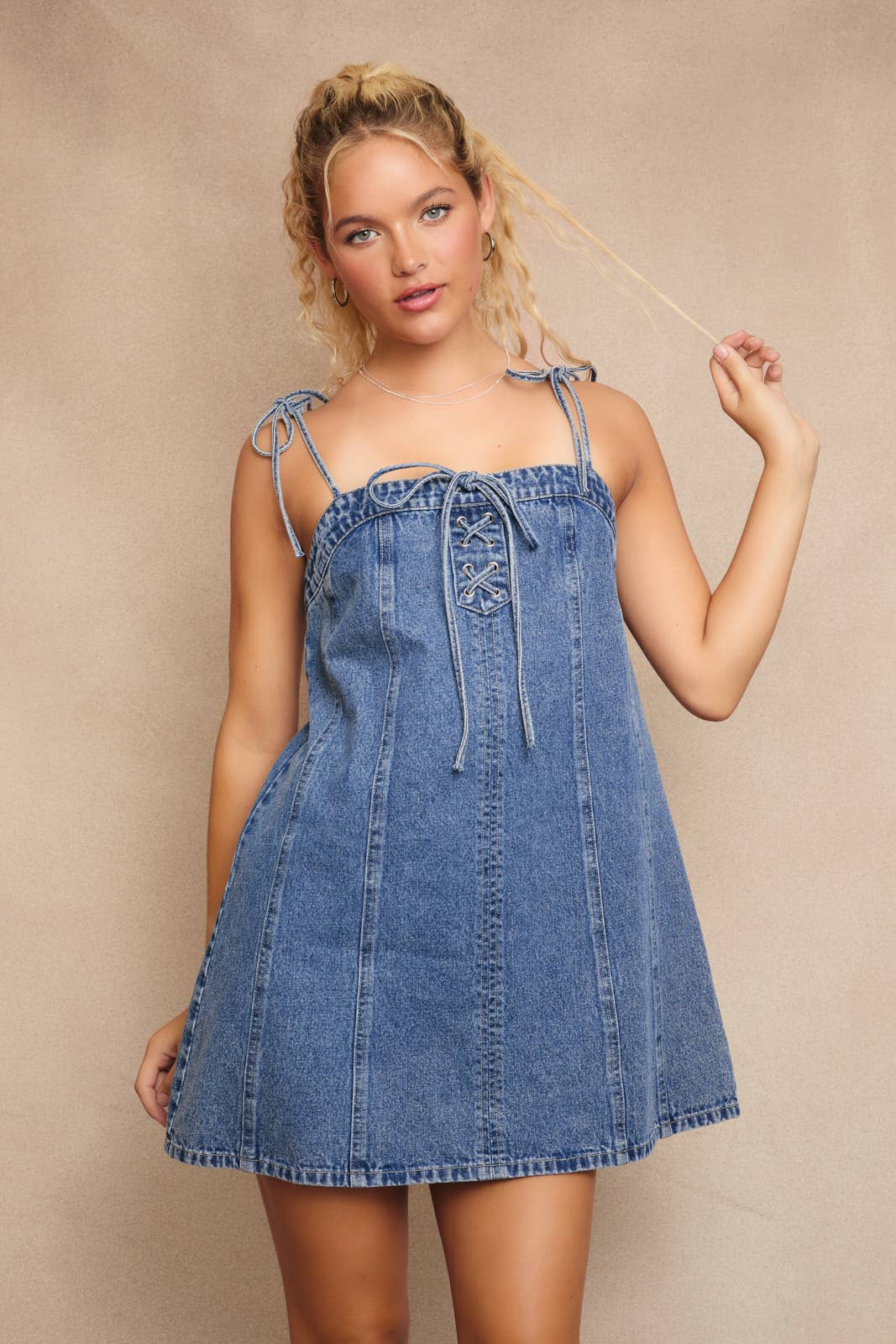 Lace-Up Bow Detail Denim Mini Dress - Styled by Ashley Brooke