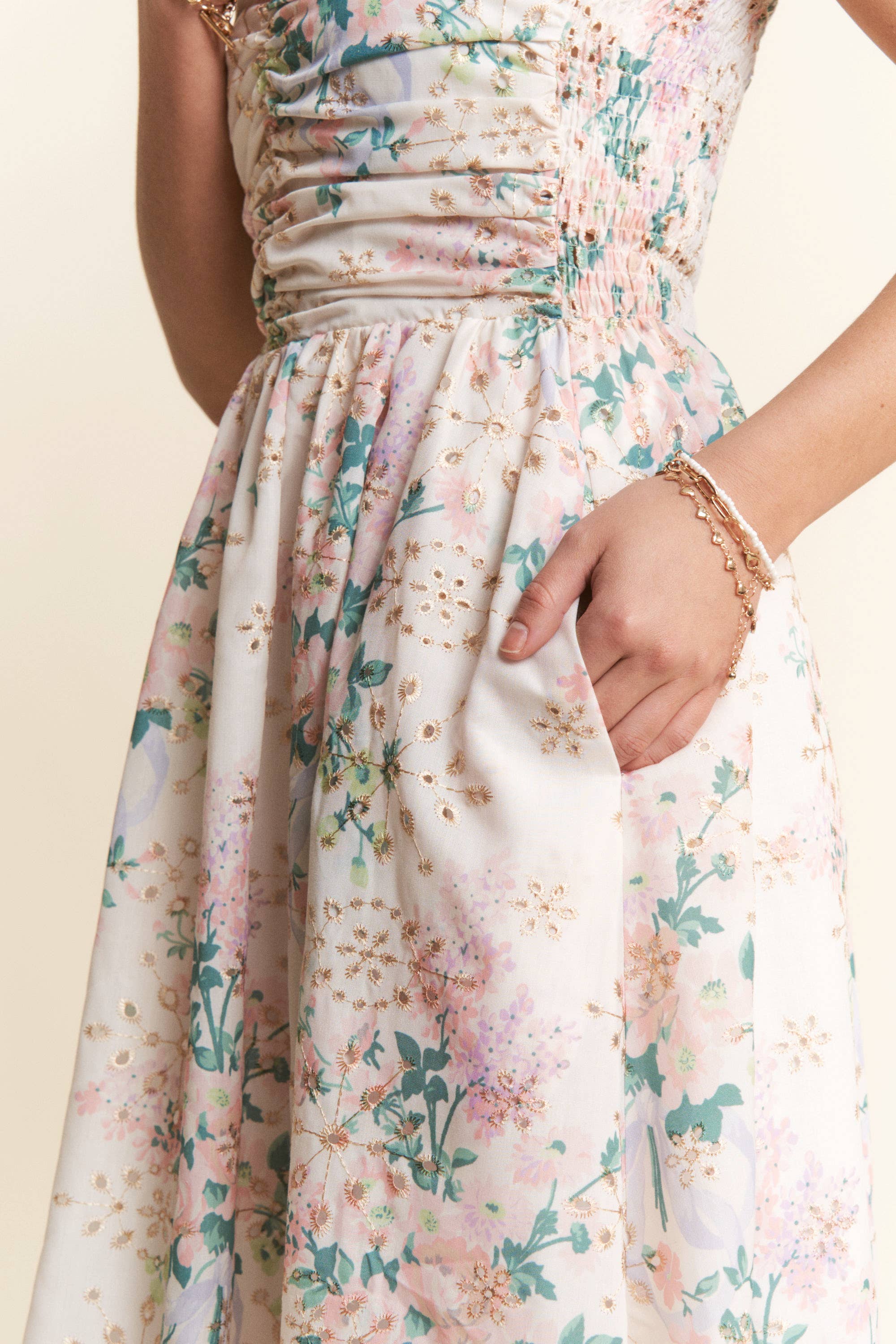 Floral Eyelet Ruched Strapless Midi Dress - Styled by Ashley Brooke