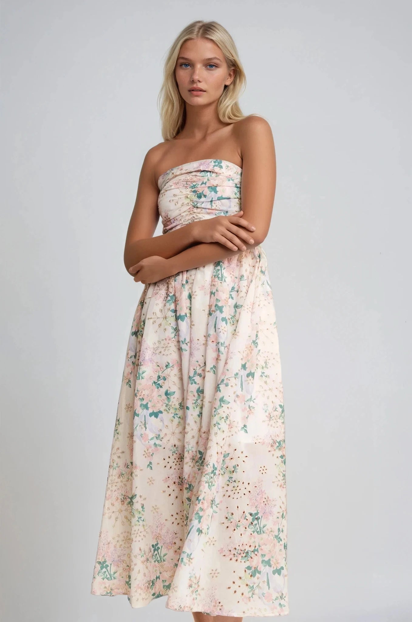 Floral Eyelet Ruched Strapless Midi Dress - Styled by Ashley Brooke