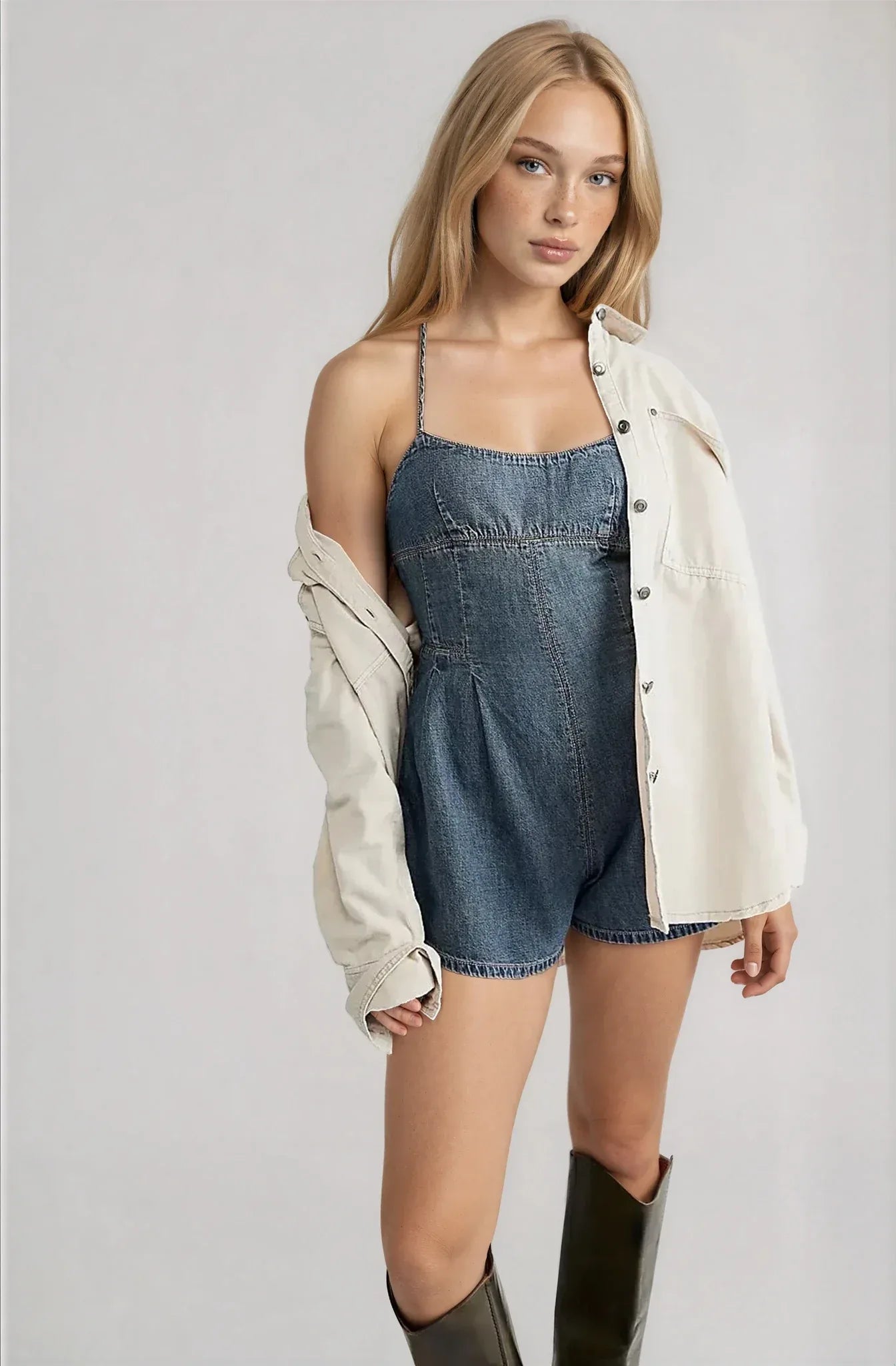 Lace-Up Washed Denim Romper - Styled by Ashley Brooke