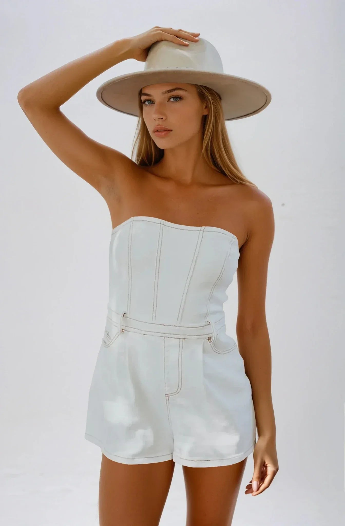 Strapless White Denim Romper - Styled by Ashley Brooke