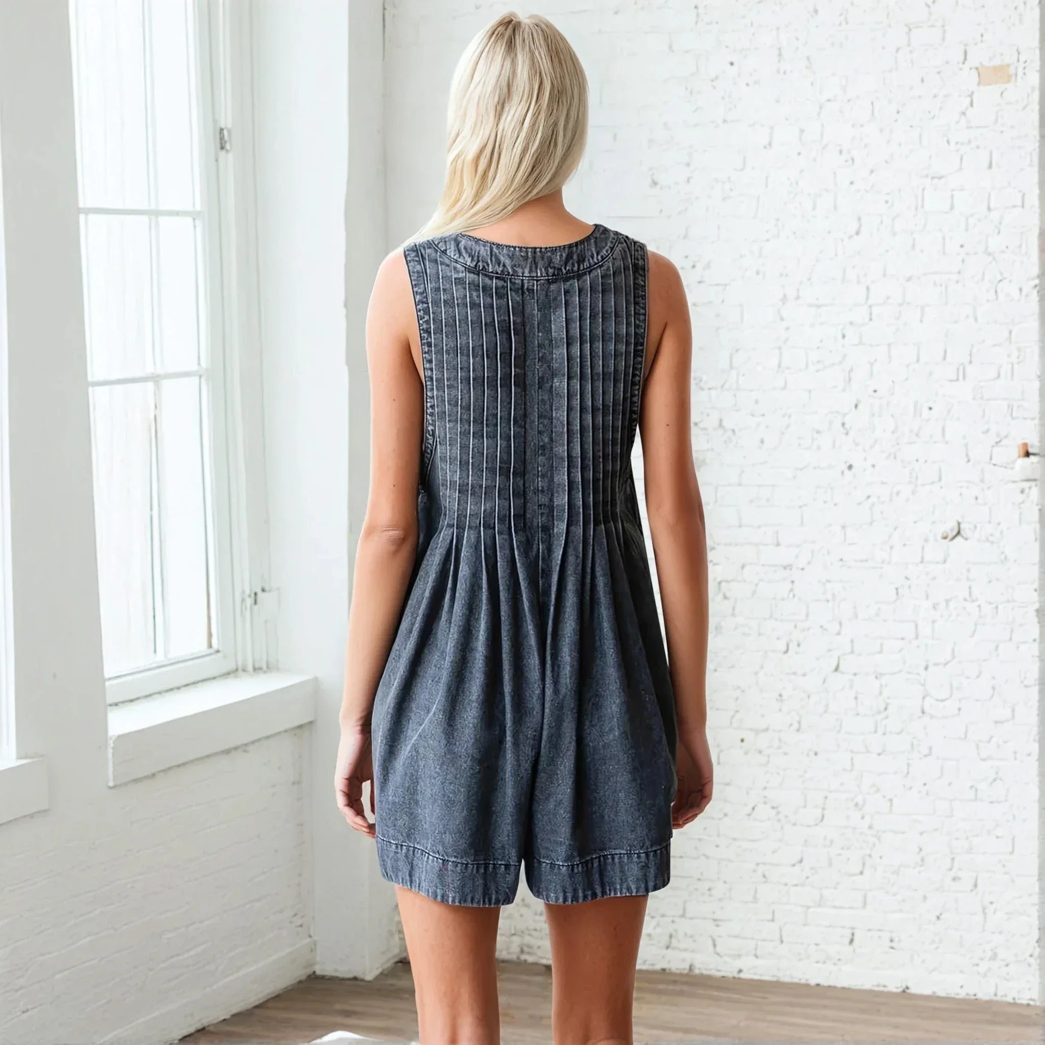 Dark Grey Denim Romper - Styled by Ashley Brooke