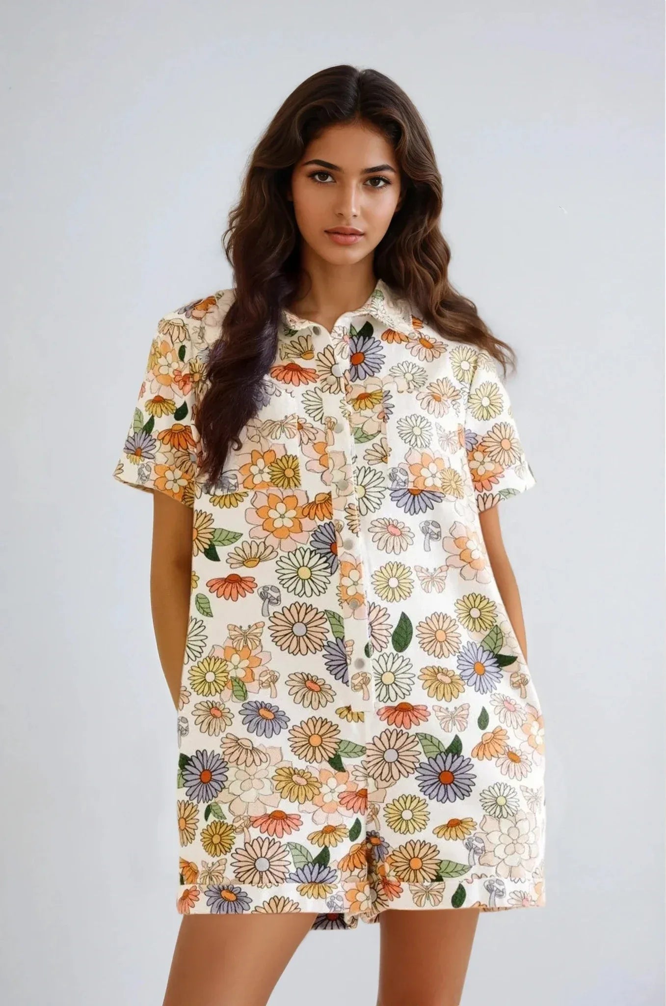 Butterfly, Mushroom and Floral Print Denim Romper - Styled by Ashley Brooke