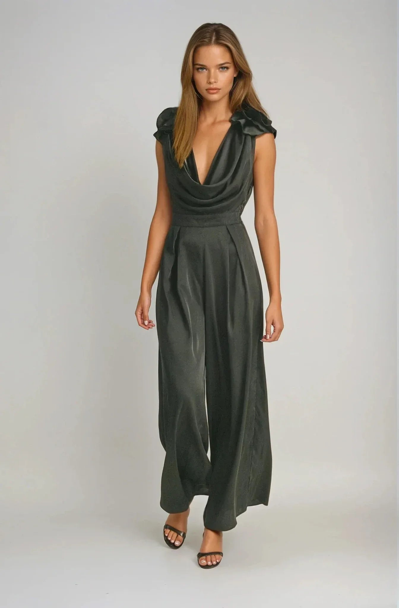 Floral Applique Deep Cowl Neck Jumpsuit in Black - Styled by Ashley Brooke
