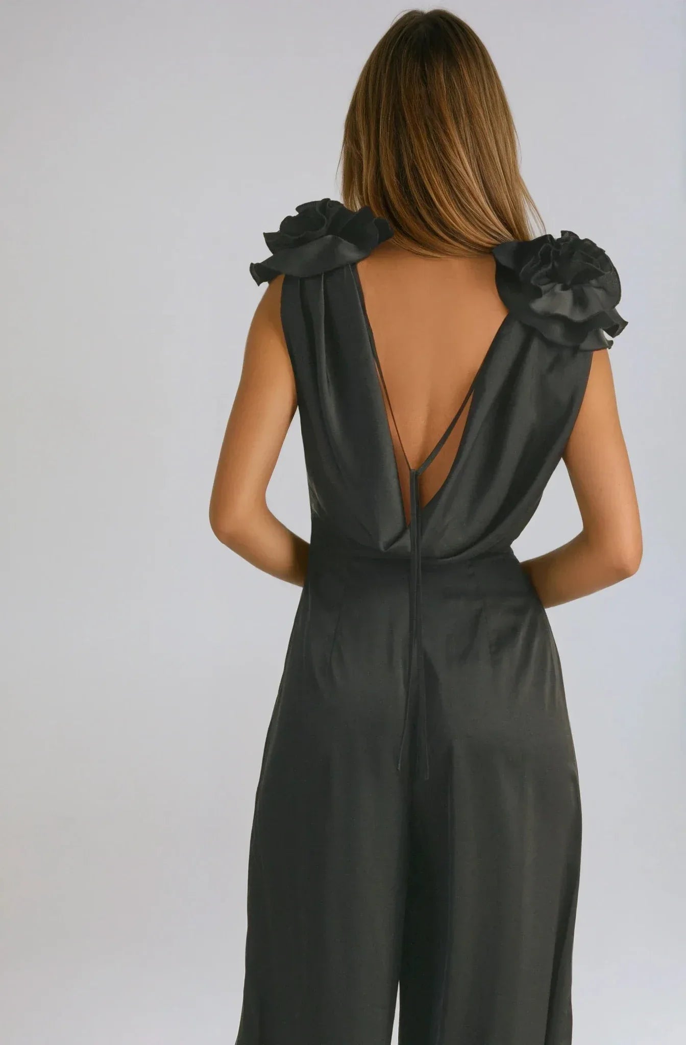 Floral Applique Deep Cowl Neck Jumpsuit in Black - Styled by Ashley Brooke