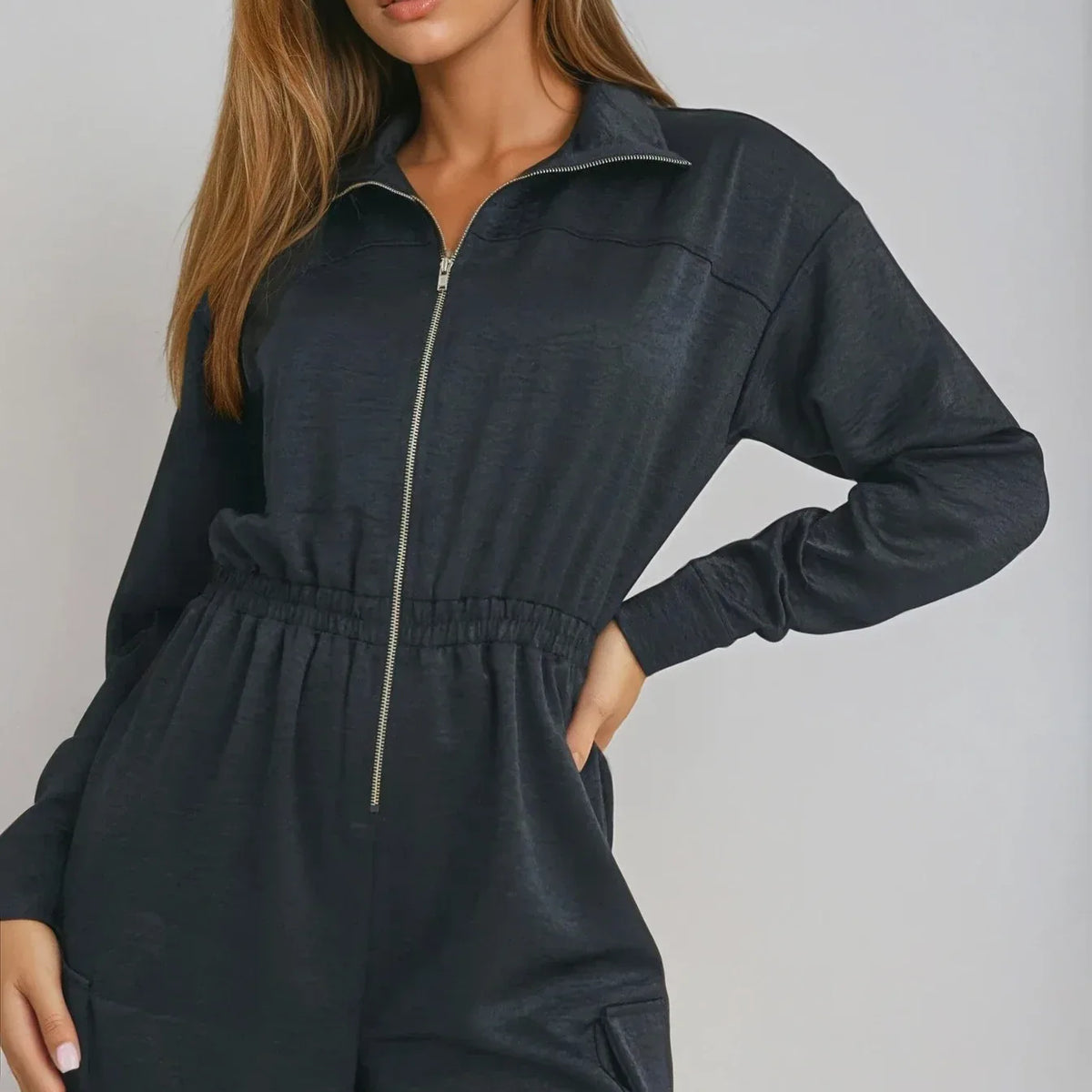 Long Sleeve Black Jumpsuit - Zip-Up Utility Jumpsuit with Pockets