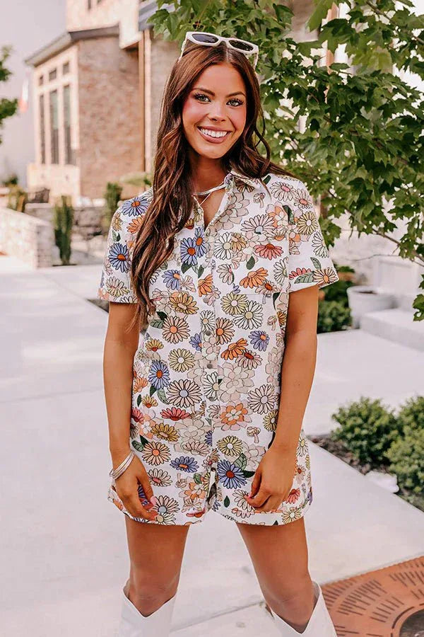 Butterfly, Mushroom and Floral Print Denim Romper - Styled by Ashley Brooke