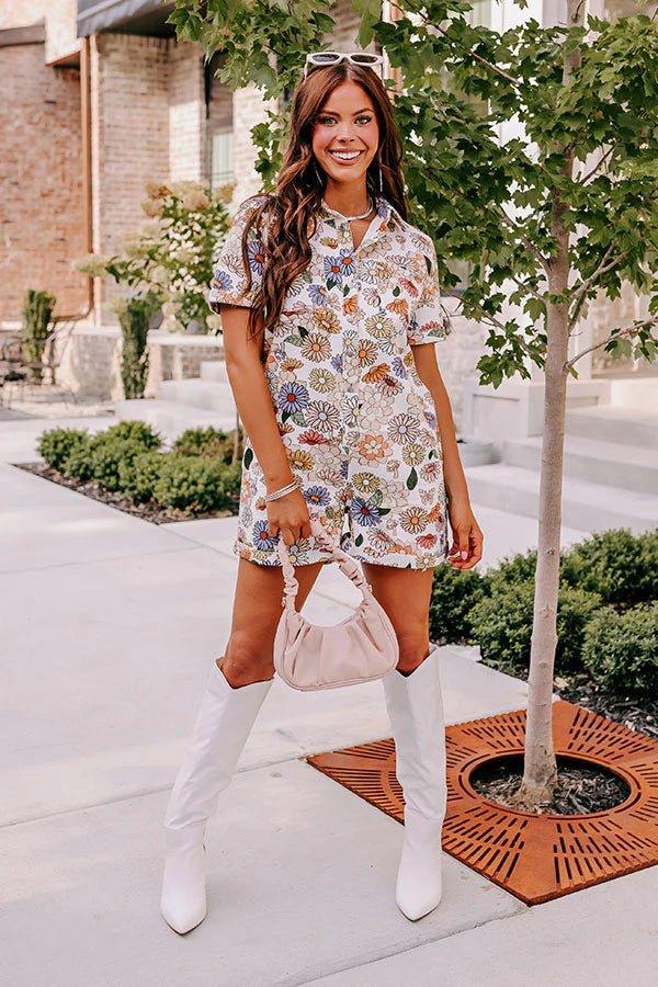 Butterfly, Mushroom and Floral Print Denim Romper - Styled by Ashley Brooke