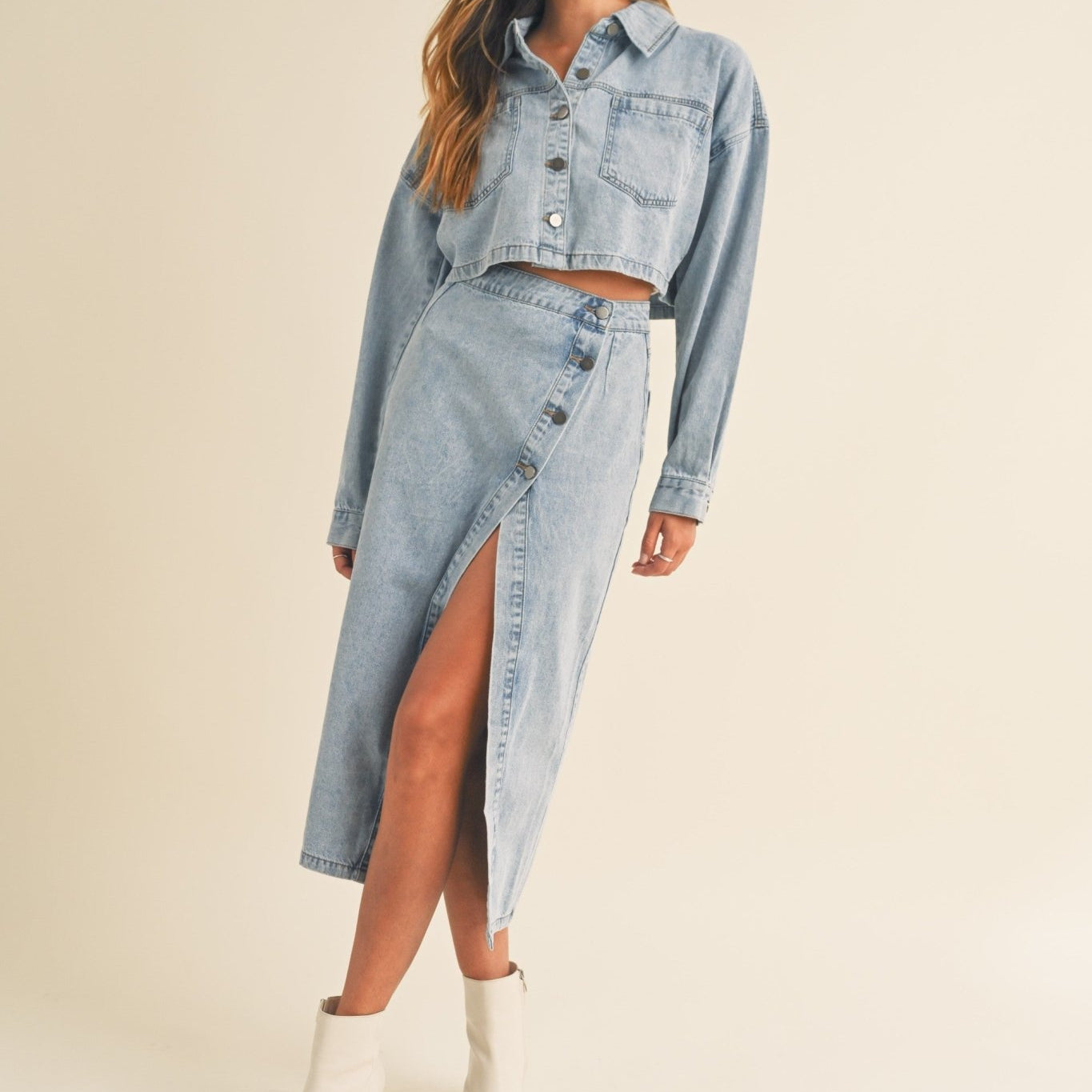 Denim Button Down Crop Jacket and Slit Skirt Set - Styled by Ashley Brooke