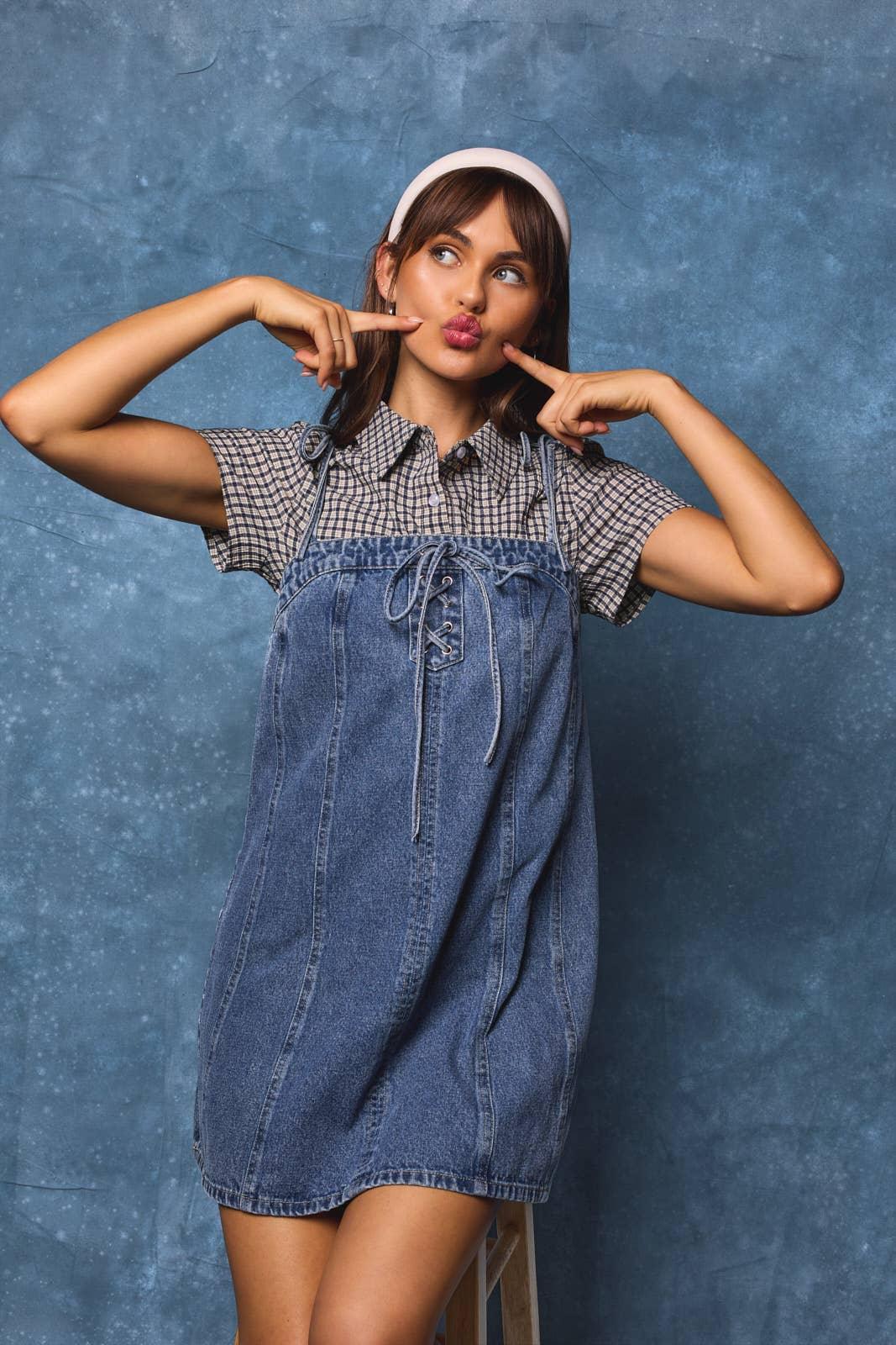 Lace-Up Bow Detail Denim Mini Dress - Styled by Ashley Brooke