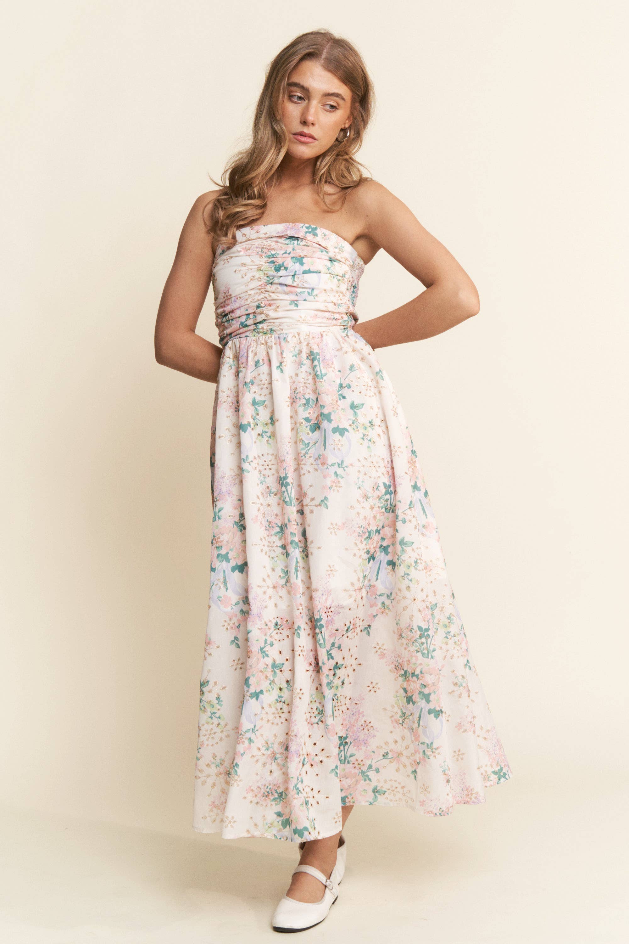 Floral Eyelet Ruched Strapless Midi Dress - Styled by Ashley Brooke