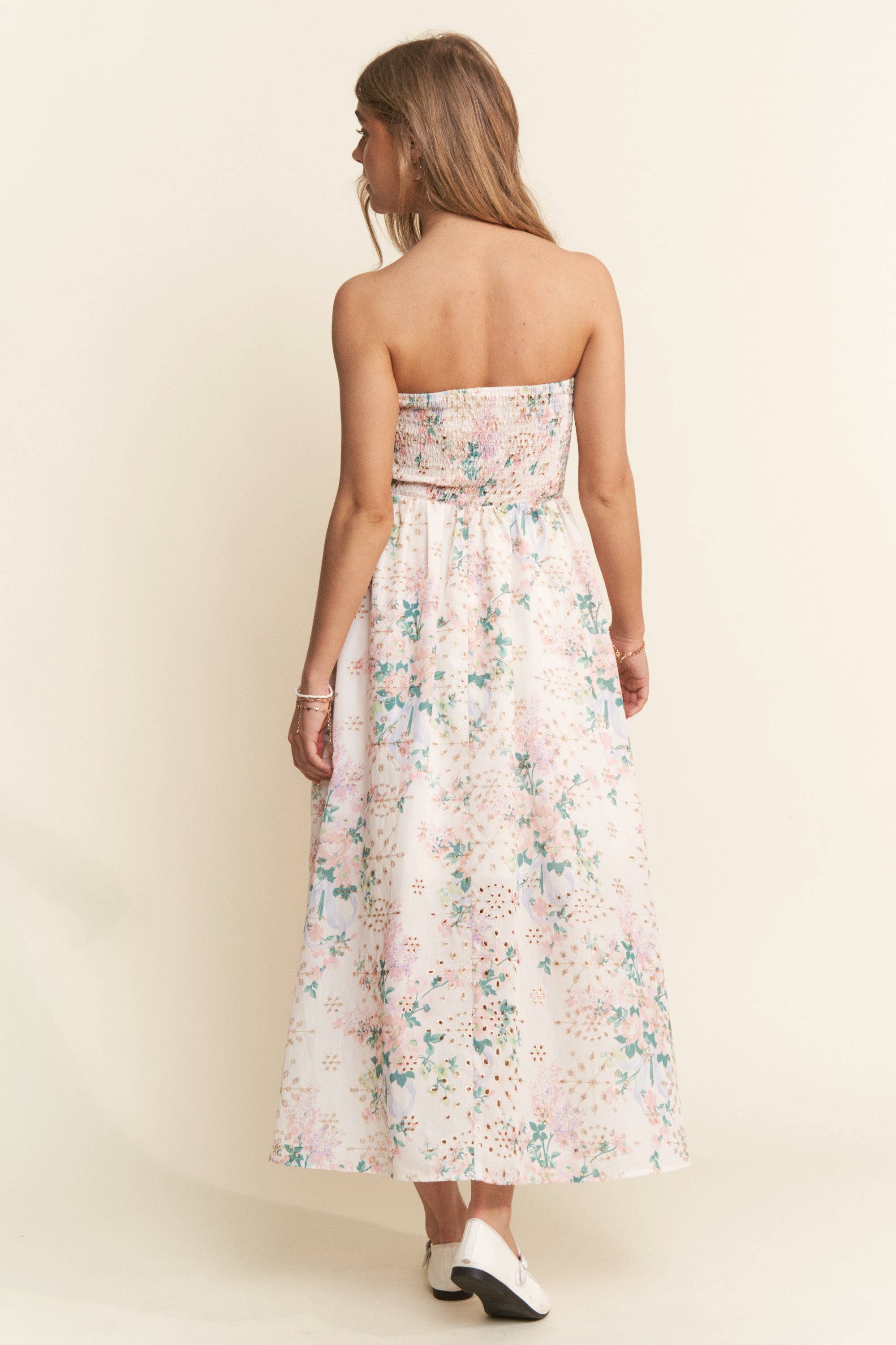 Floral Eyelet Ruched Strapless Midi Dress - Styled by Ashley Brooke