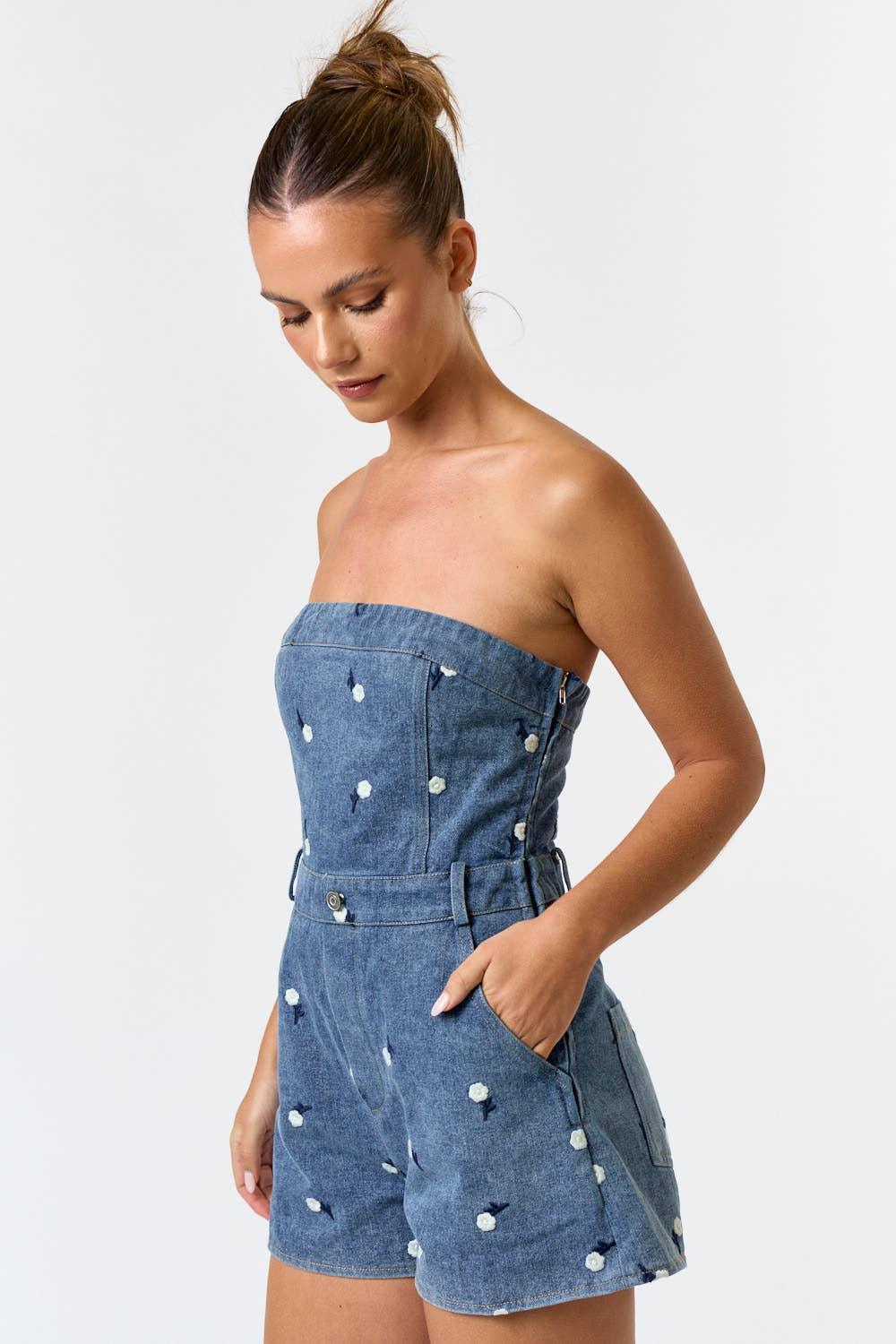 Floral Embroidered Strapless Denim Romper - Styled by Ashley Brooke
