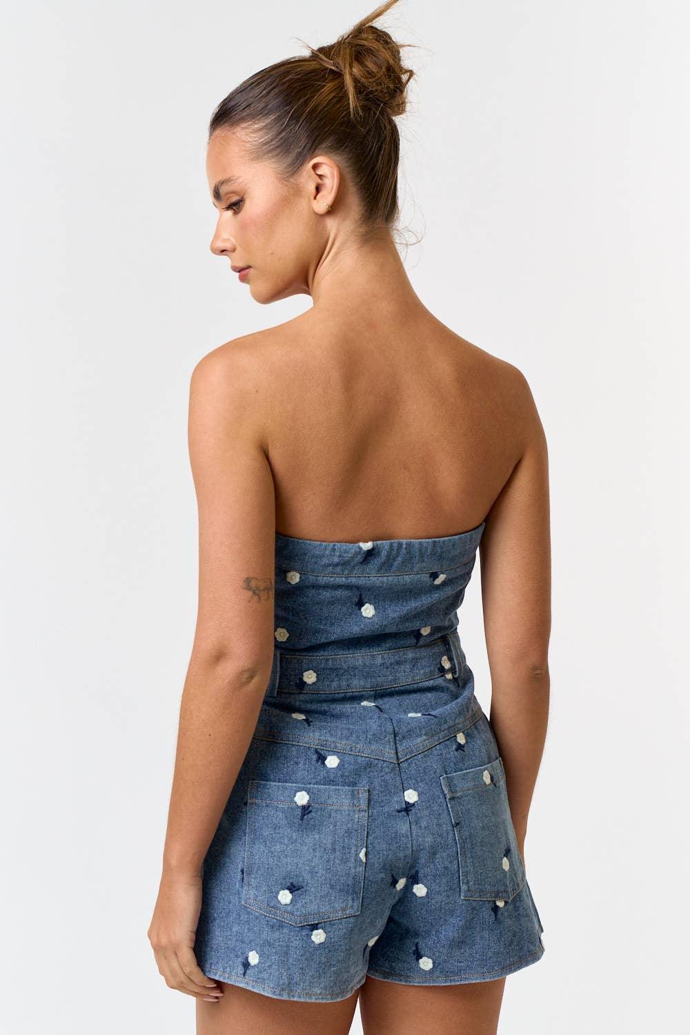Floral Embroidered Strapless Denim Romper - Styled by Ashley Brooke