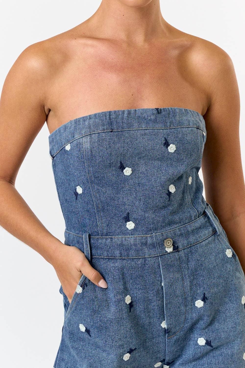 Floral Embroidered Strapless Denim Romper - Styled by Ashley Brooke