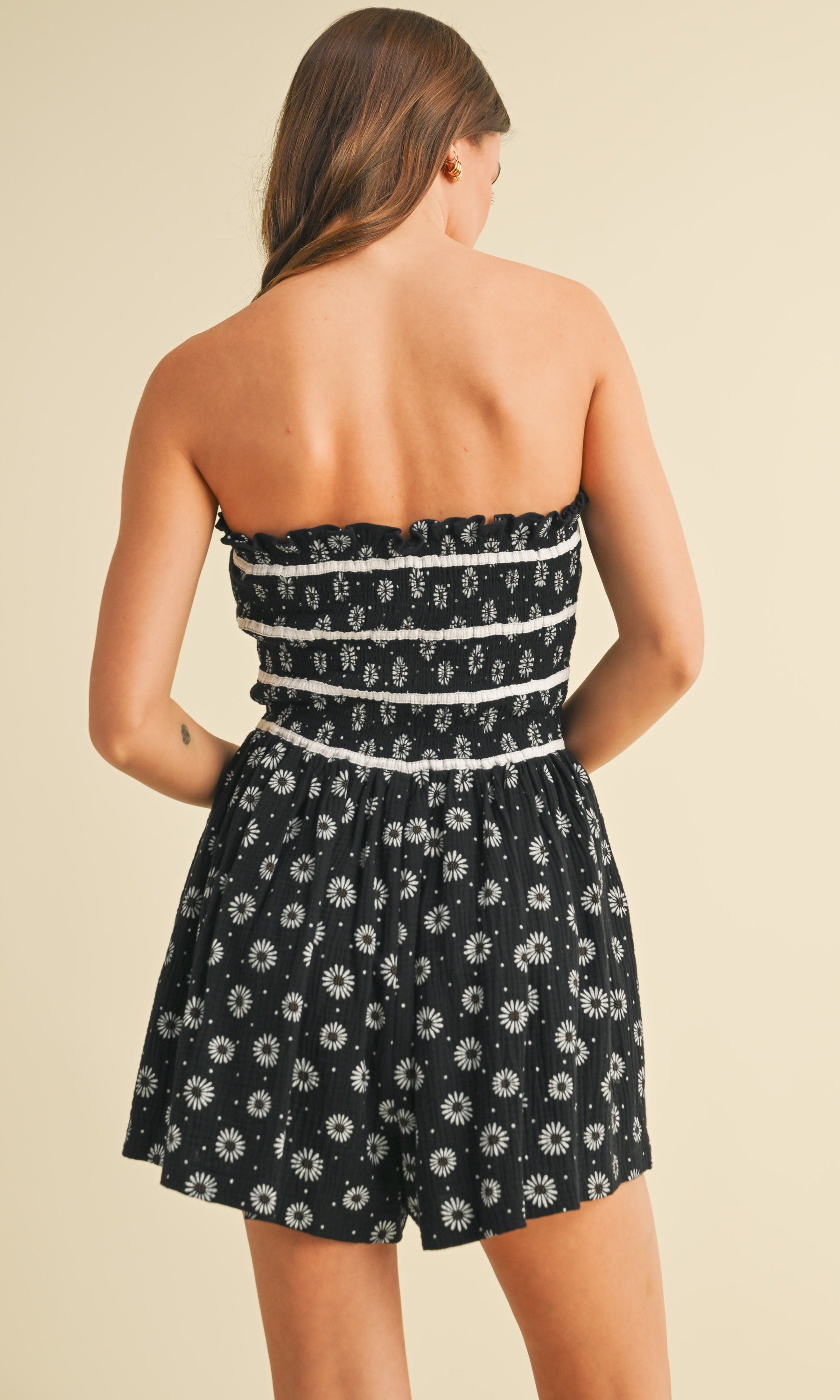 Black Floral Ruffled Smocking Romper - Styled by Ashley Brooke