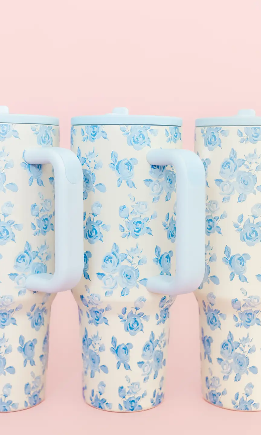 Cream & Blue Floral Print 40oz Tumbler - Styled by Ashley Brooke