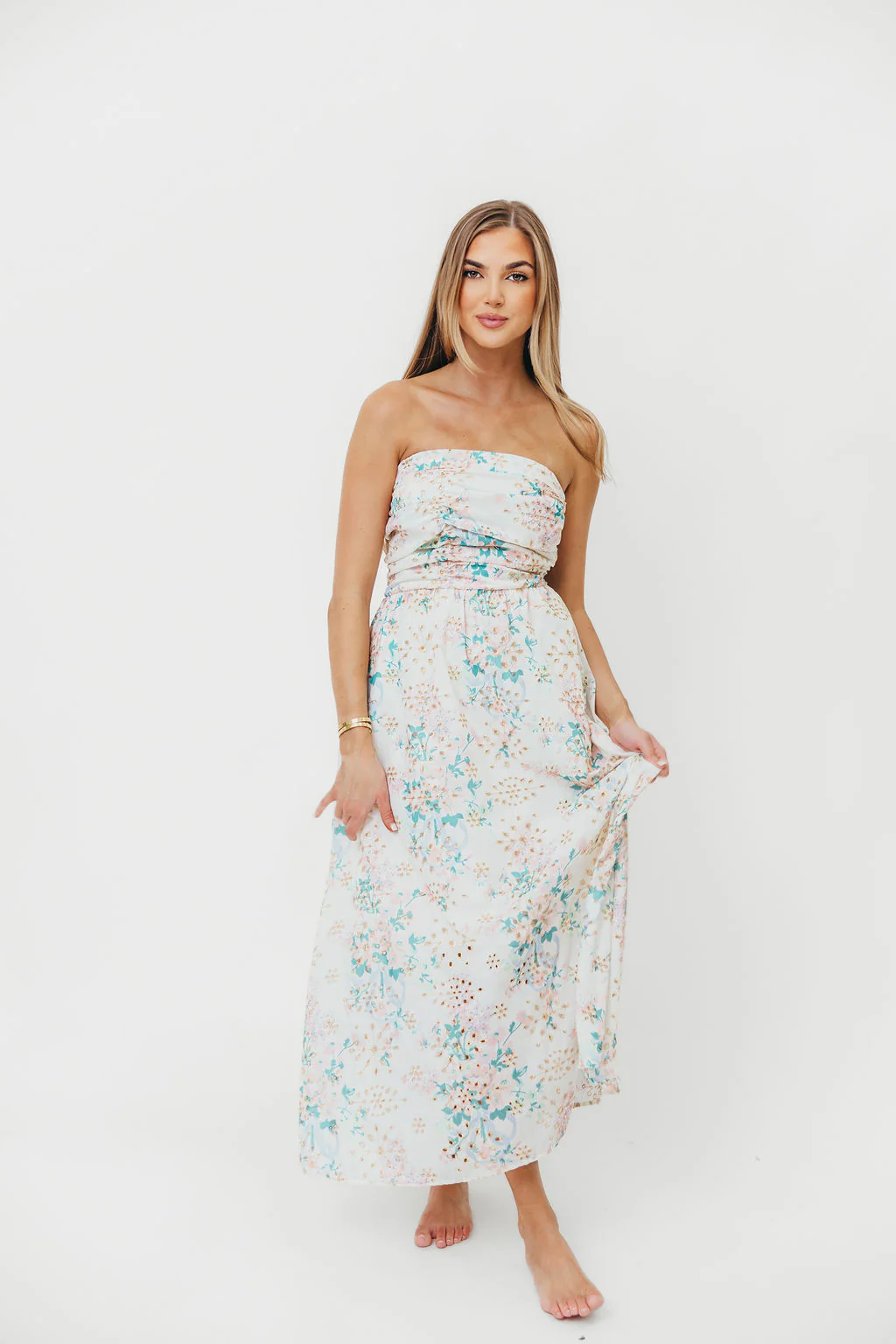 Floral Eyelet Ruched Strapless Midi Dress - Styled by Ashley Brooke