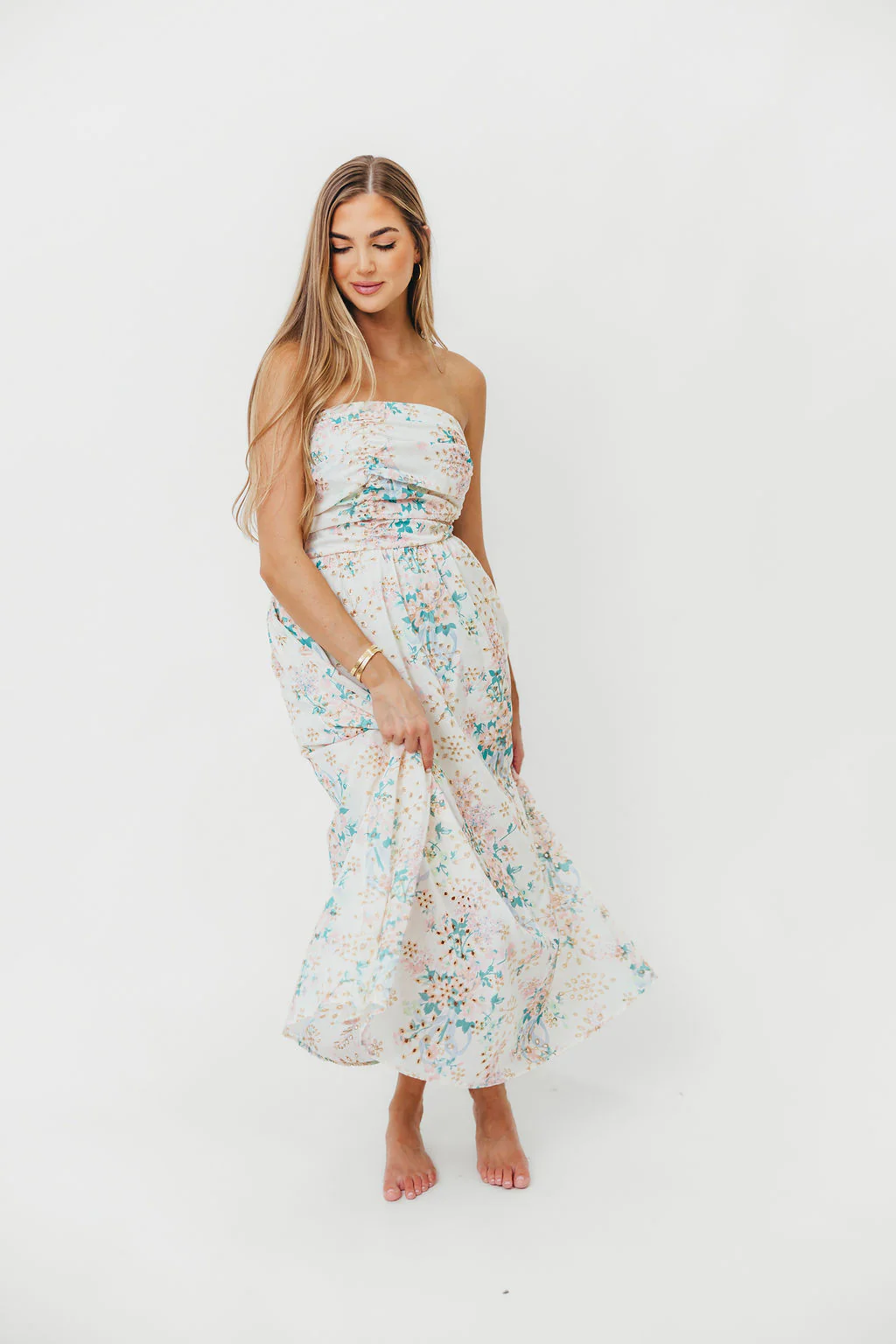 Floral Eyelet Ruched Strapless Midi Dress - Styled by Ashley Brooke