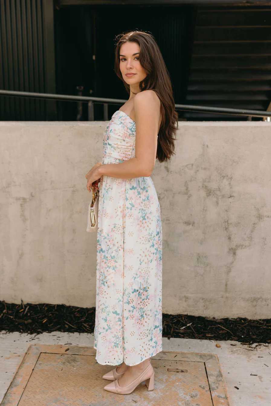 Floral Eyelet Ruched Strapless Midi Dress - Styled by Ashley Brooke
