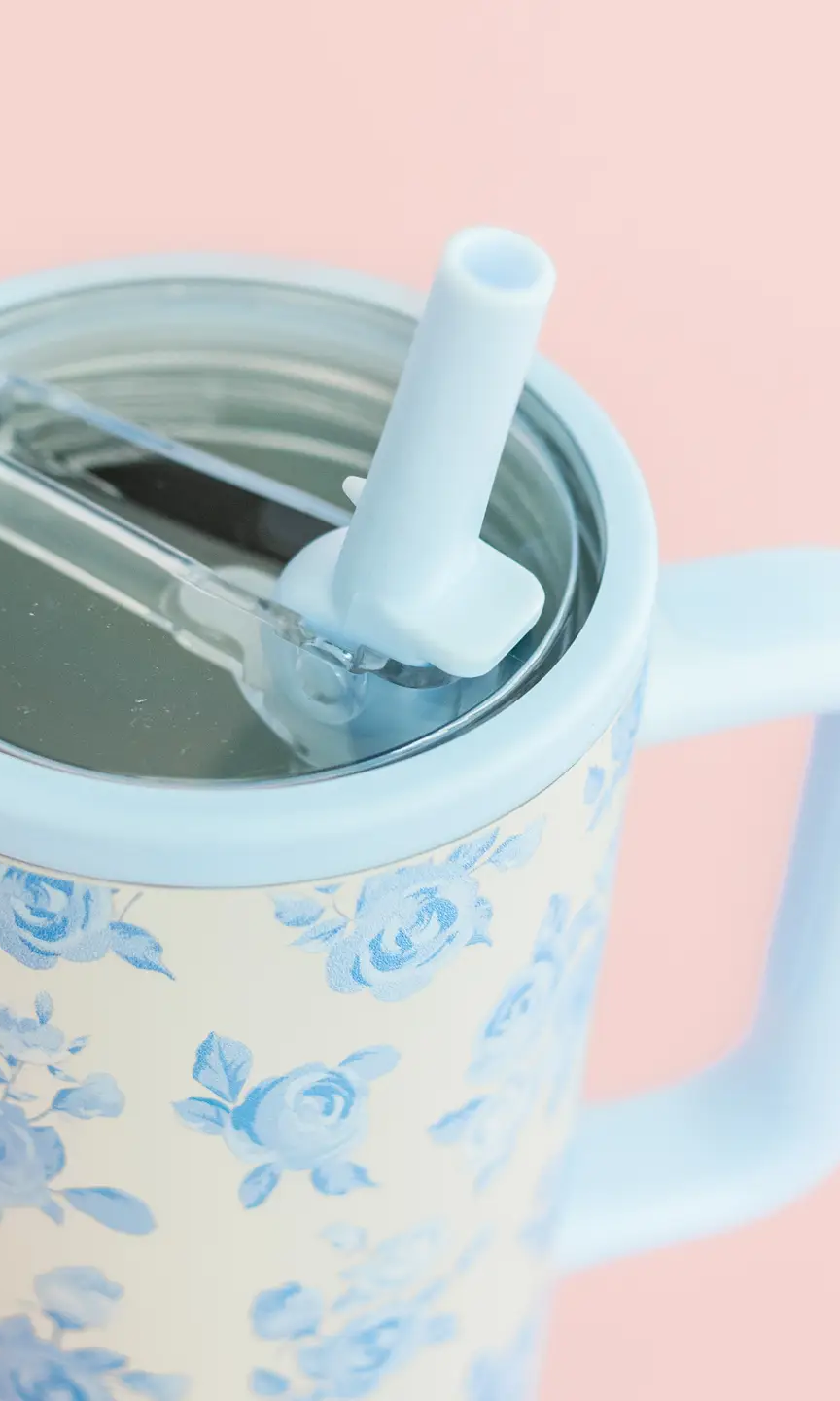 Cream & Blue Floral Print 40oz Tumbler - Styled by Ashley Brooke
