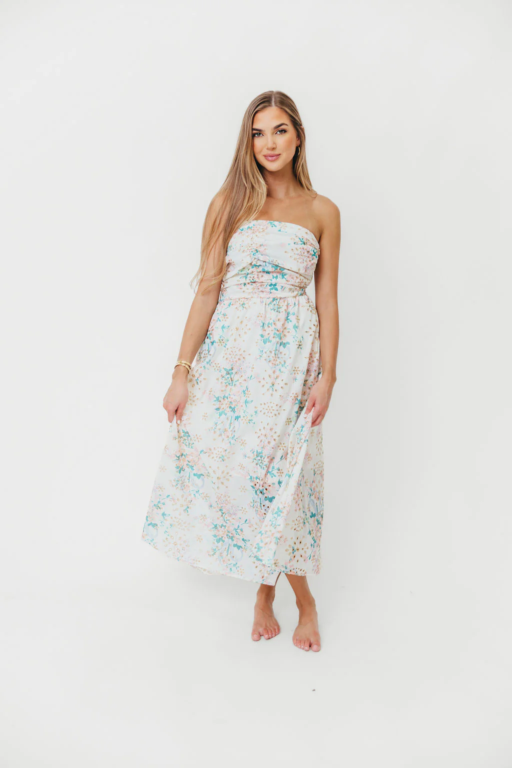 Floral Eyelet Ruched Strapless Midi Dress - Styled by Ashley Brooke