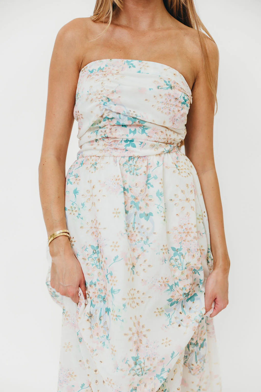 Floral Eyelet Ruched Strapless Midi Dress - Styled by Ashley Brooke