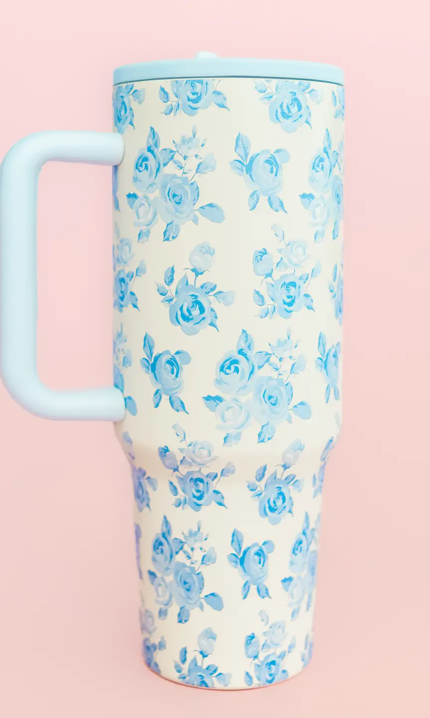 Cream & Blue Floral Print 40oz Tumbler - Styled by Ashley Brooke