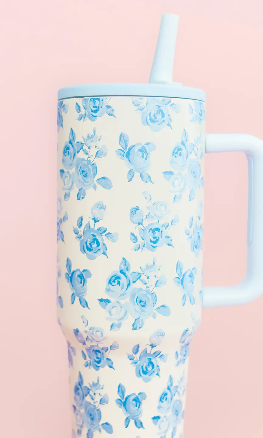 Cream & Blue Floral Print 40oz Tumbler - Styled by Ashley Brooke