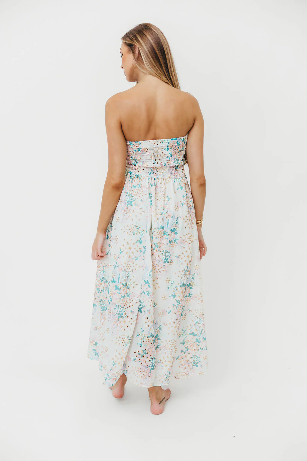 Floral Eyelet Ruched Strapless Midi Dress - Styled by Ashley Brooke