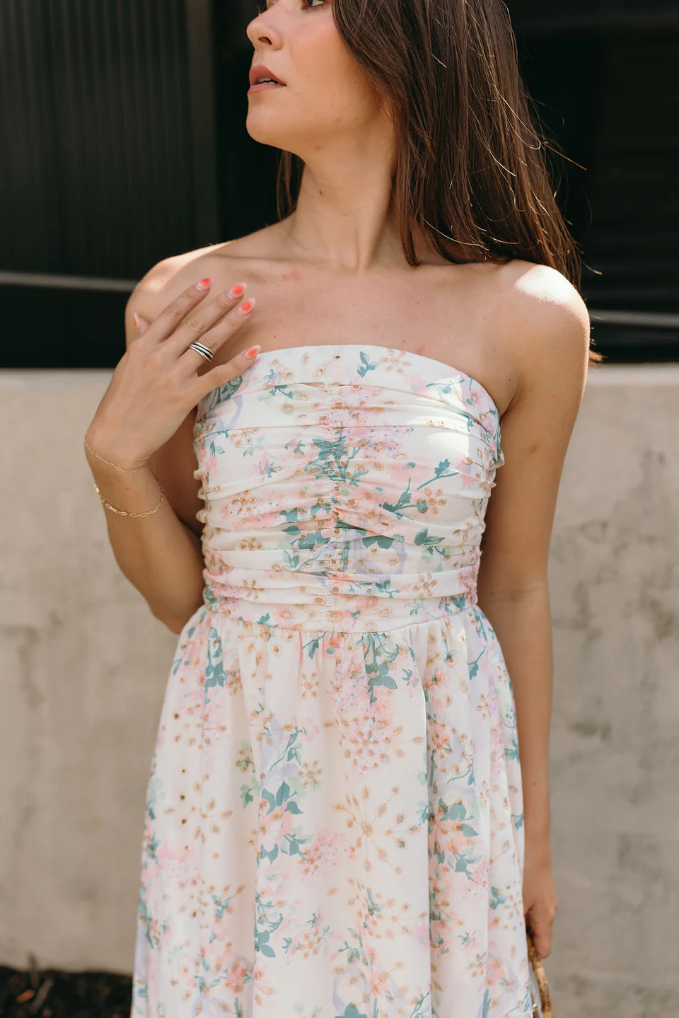 Floral Eyelet Ruched Strapless Midi Dress - Styled by Ashley Brooke