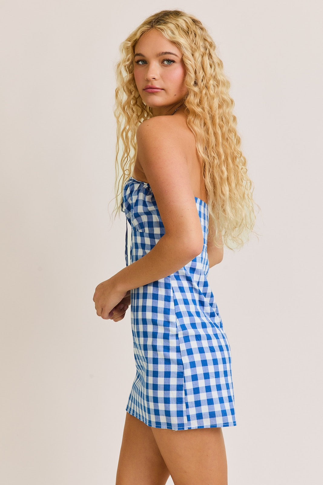Strapless Blue Gingham Mini Dress - Styled by Ashley Brooke