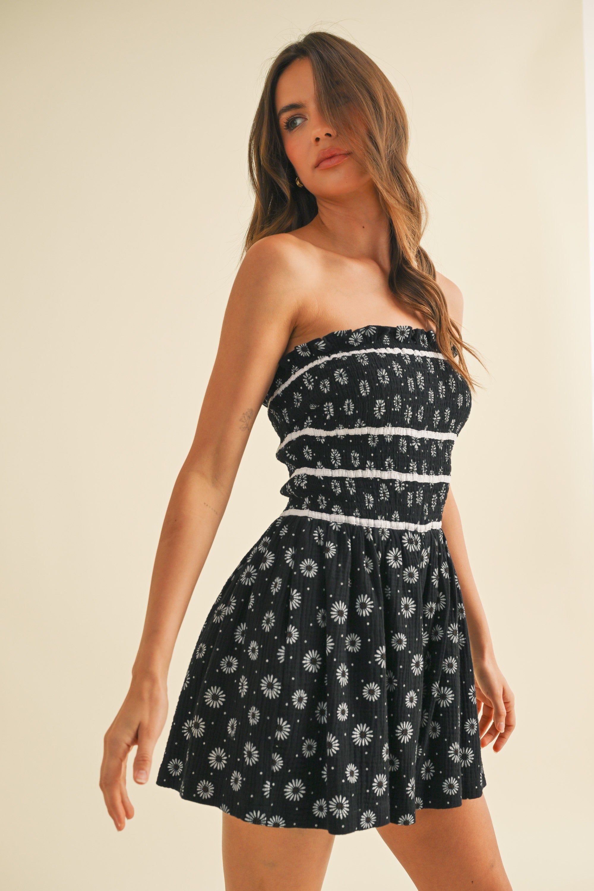 Black Floral Ruffled Smocking Romper - Styled by Ashley Brooke