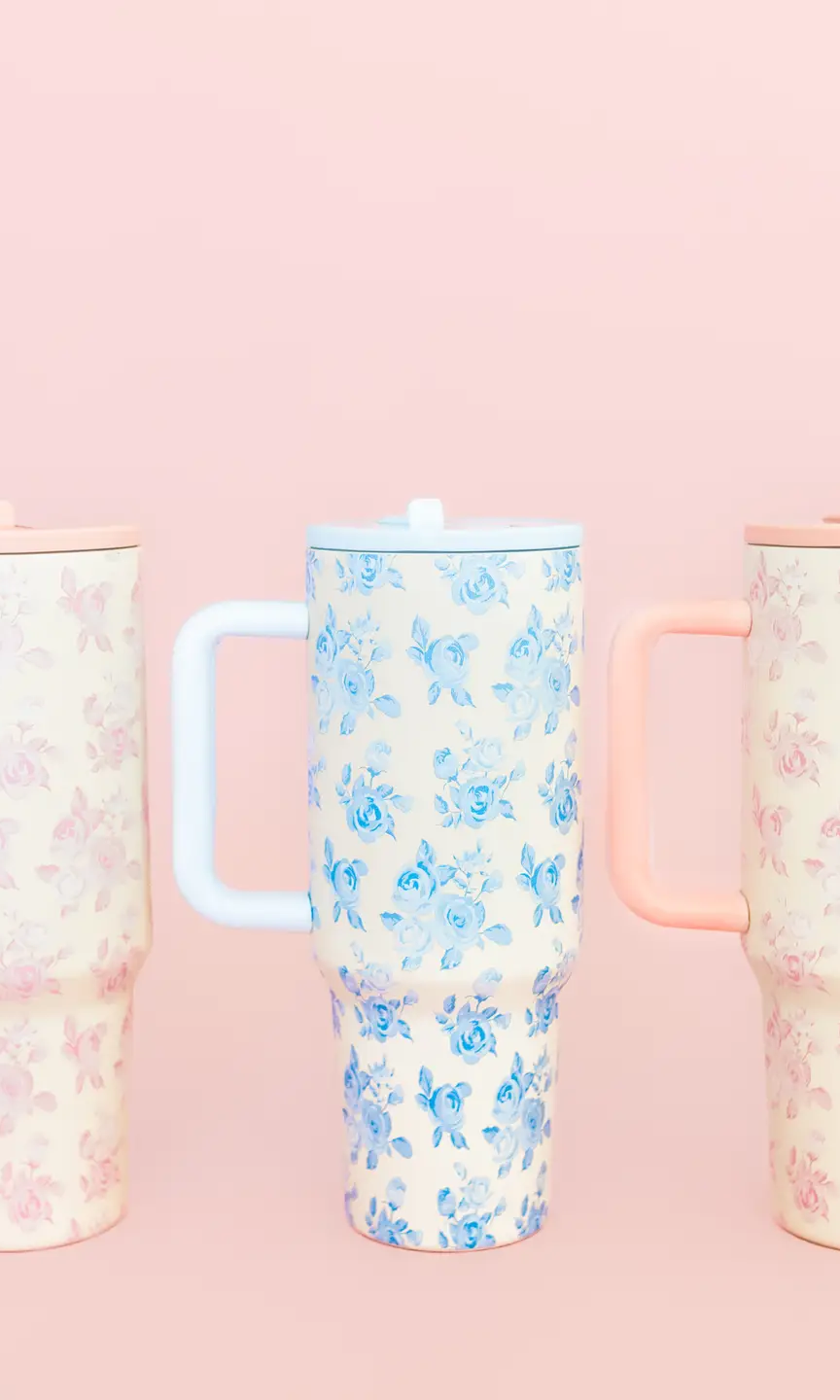 Cream & Blue Floral Print 40oz Tumbler - Styled by Ashley Brooke