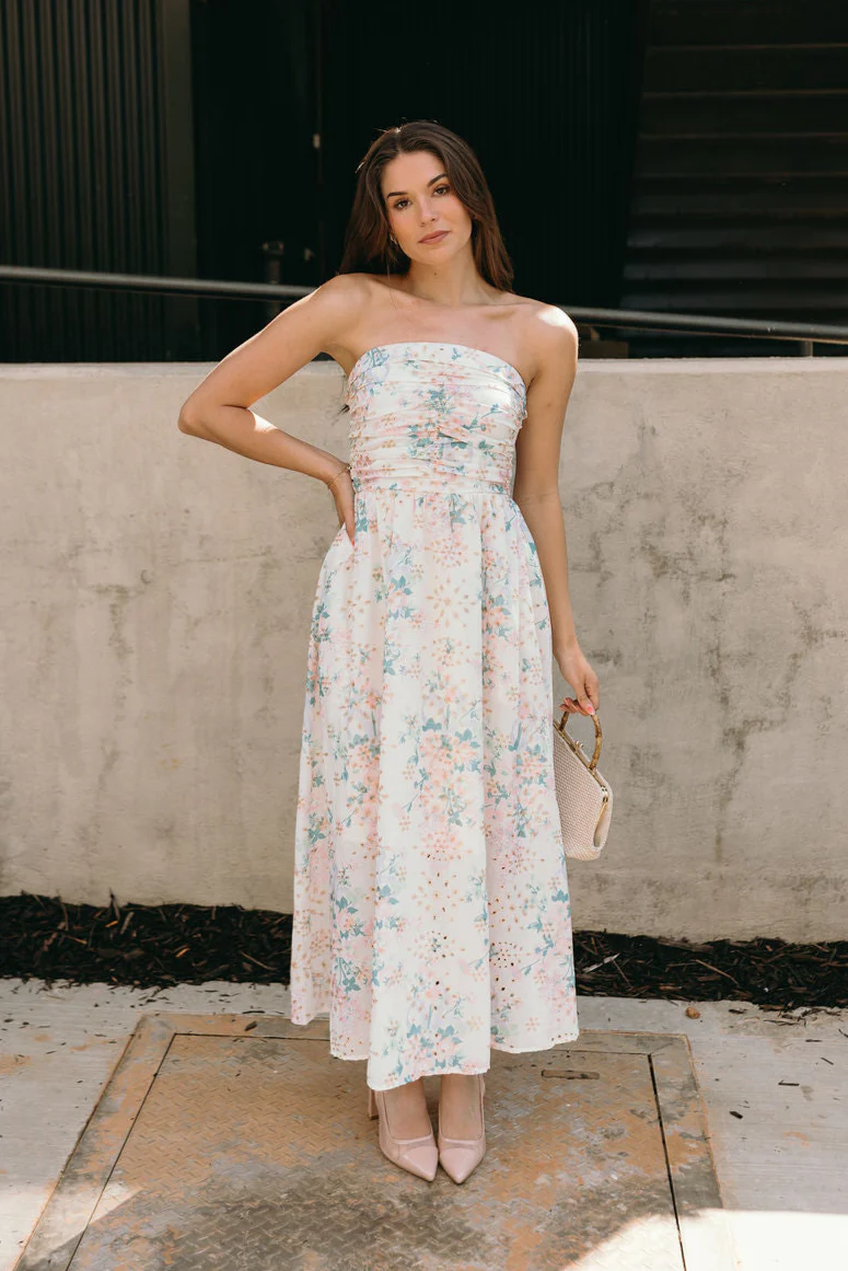 Floral Eyelet Ruched Strapless Midi Dress - Styled by Ashley Brooke
