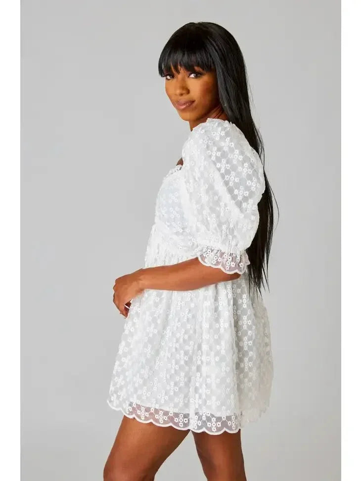 White Floral Eyelet Babydoll Mini Dress - Styled by Ashley Brooke