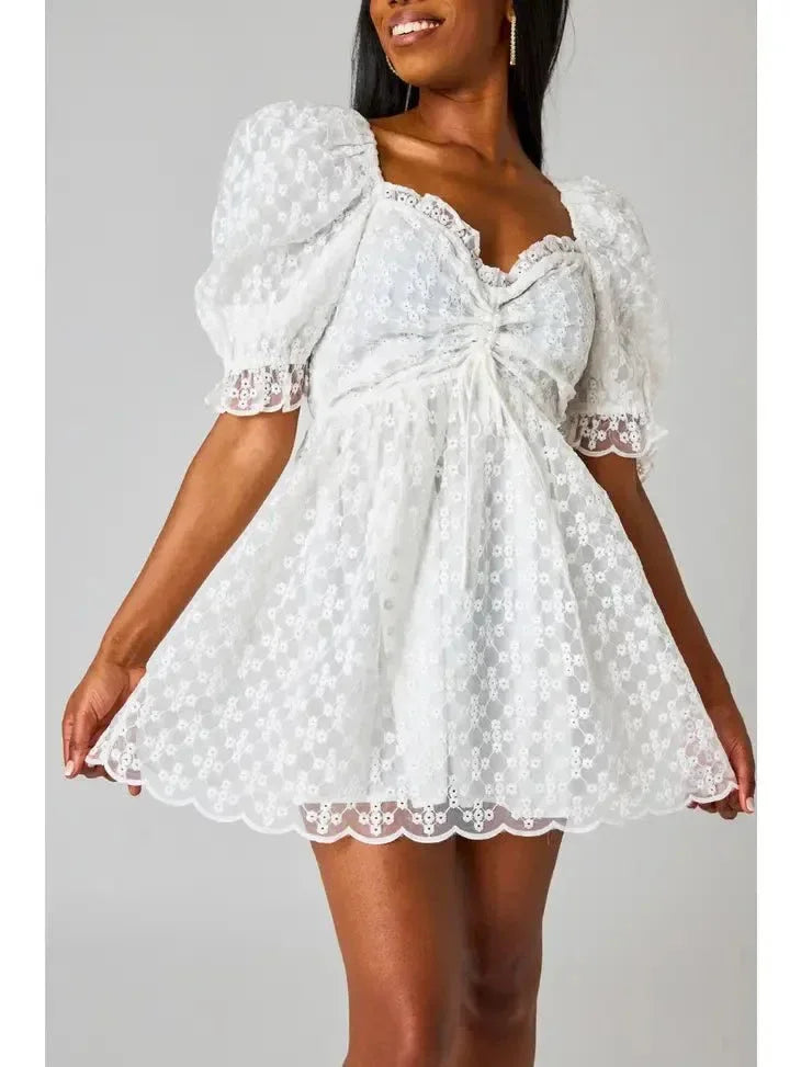 White Floral Eyelet Babydoll Mini Dress - Styled by Ashley Brooke