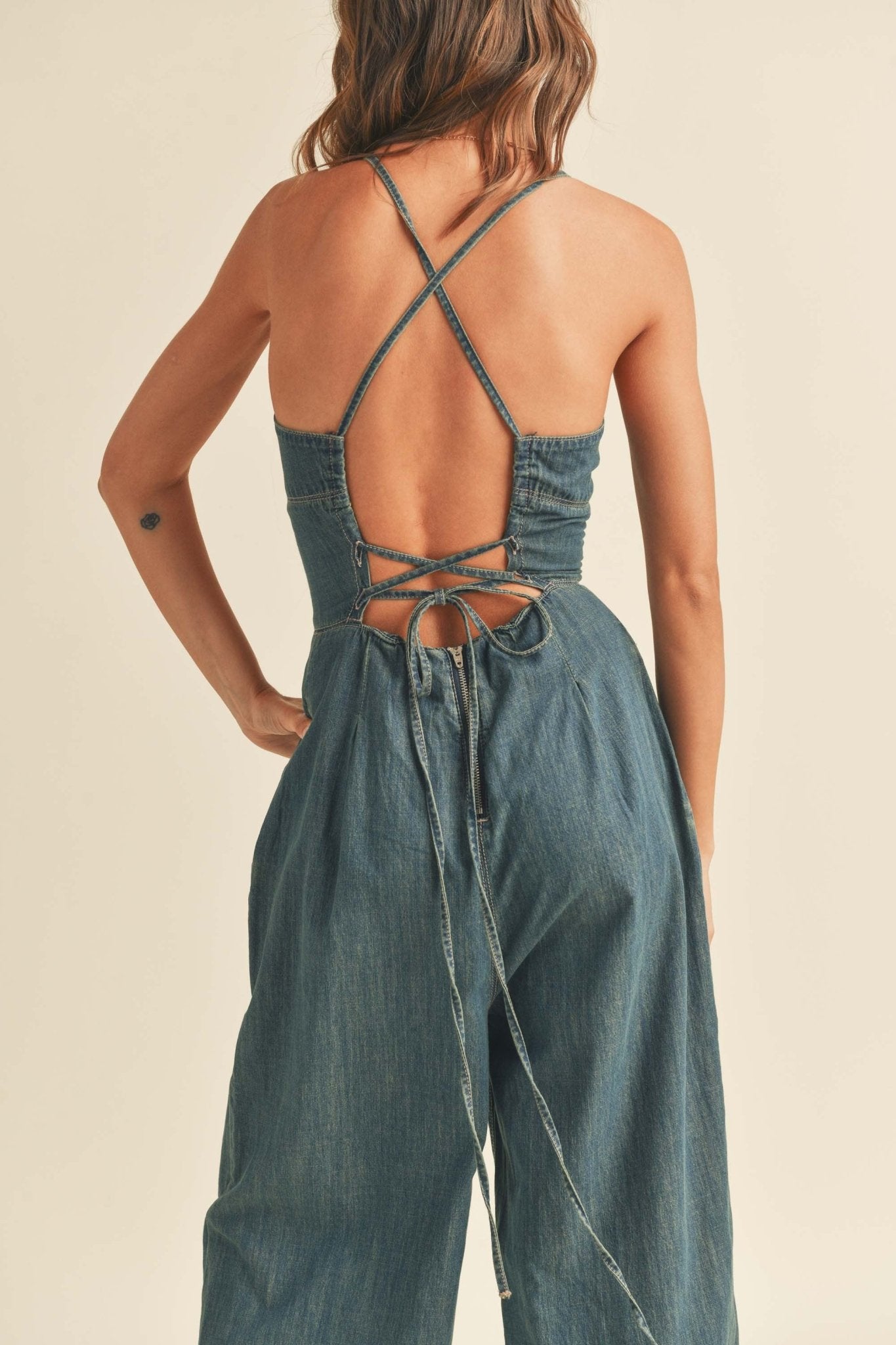 Lace - Up Washed Denim Jumpsuit - Styled by Ashley Brooke