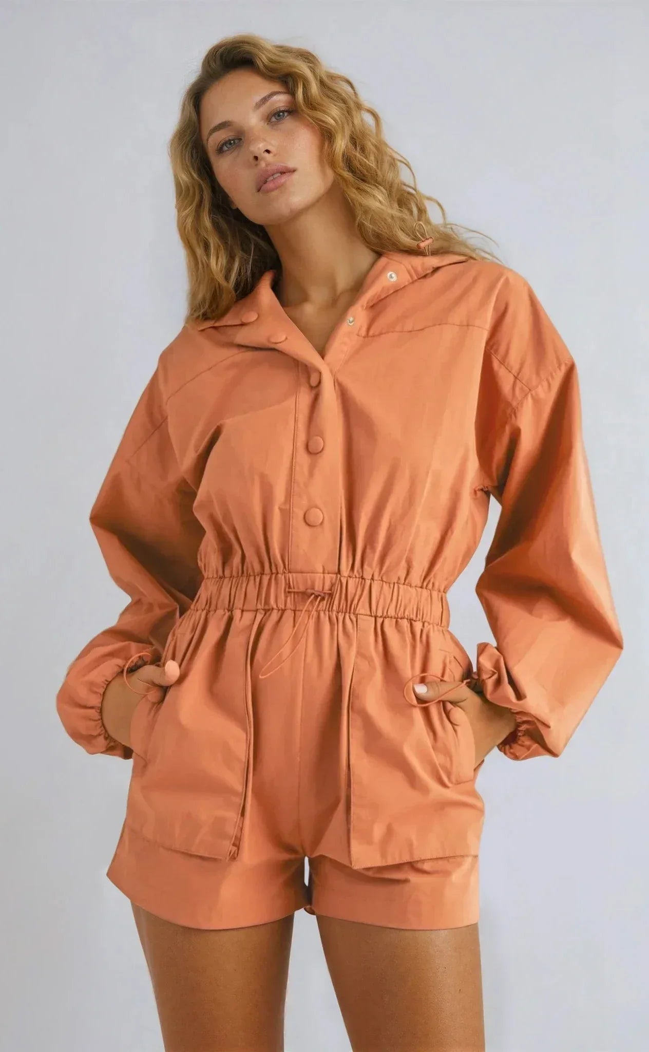 Long Sleeve Button Down Hoodie Romper - Styled by Ashley Brooke