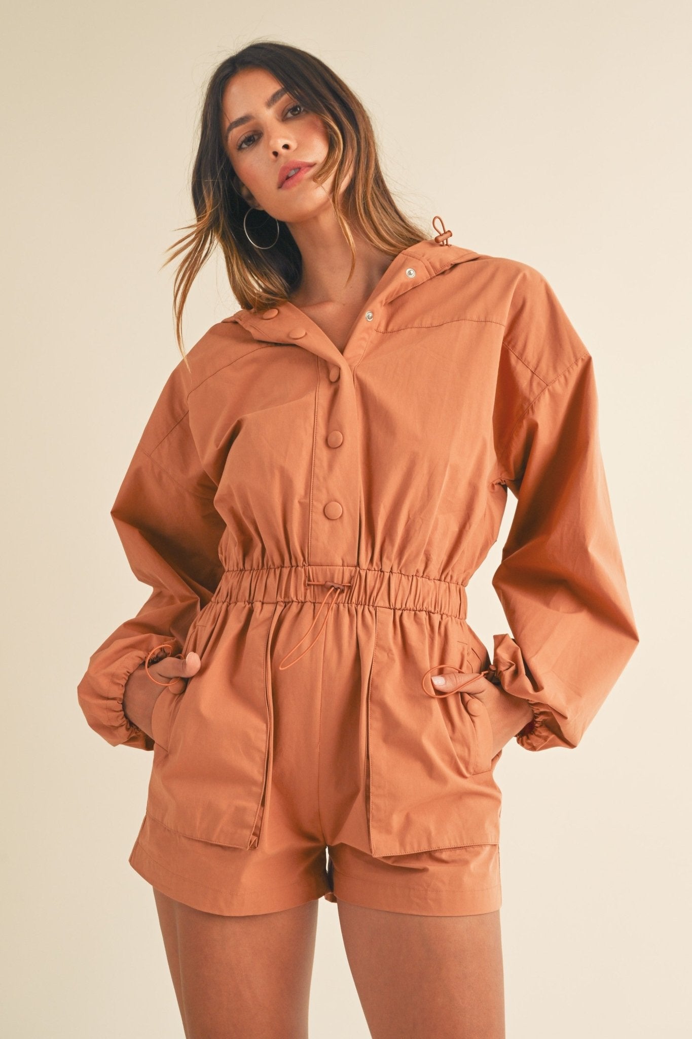 Long Sleeve Button Down Hoodie Romper - Styled by Ashley Brooke