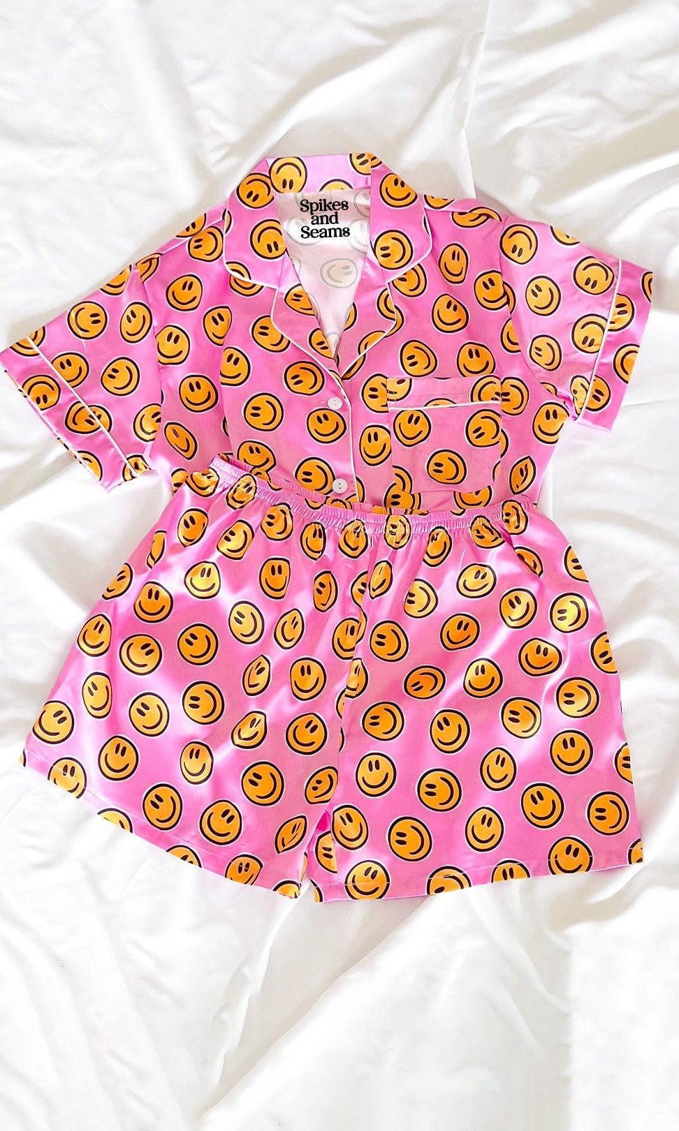 Pink Smiley Face Satin Pajamas Set - Styled by Ashley Brooke
