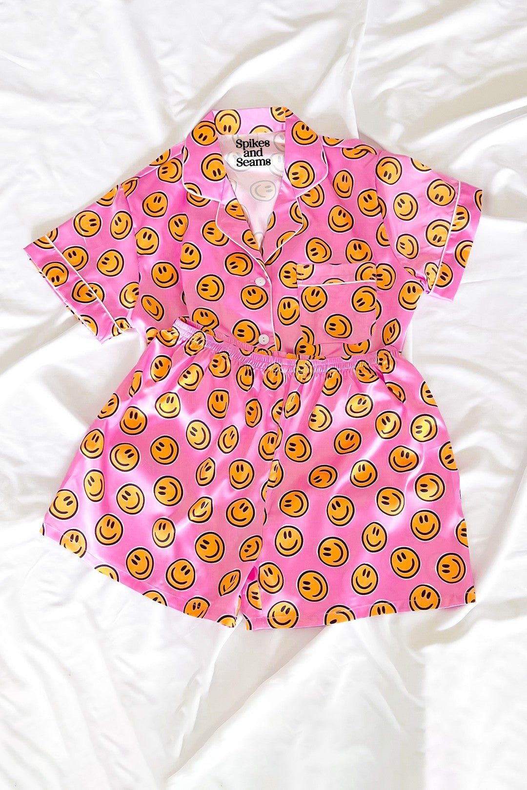 Pink Smiley Face Satin Pajamas Set - Styled by Ashley Brooke