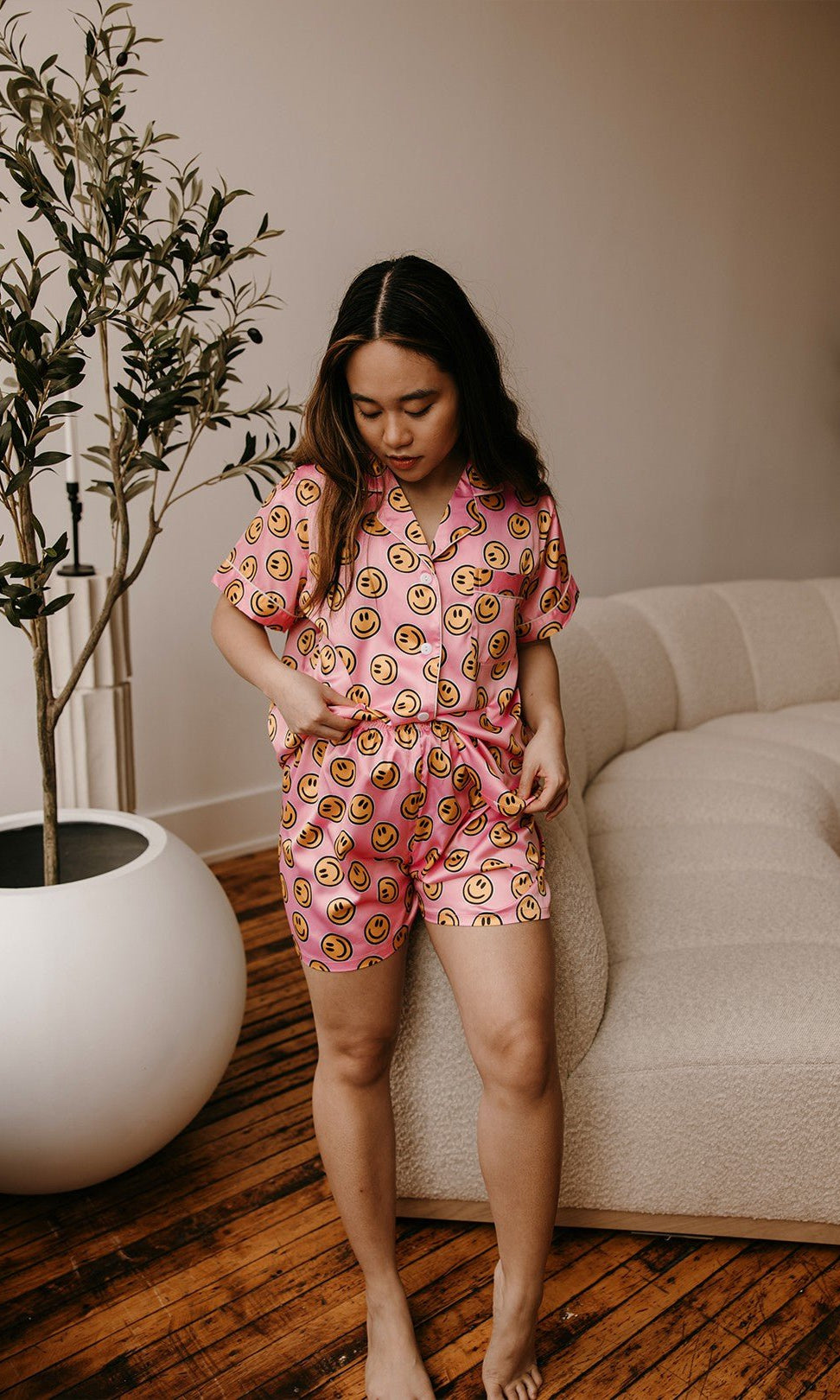 Pink Smiley Face Satin Pajamas Set - Styled by Ashley Brooke