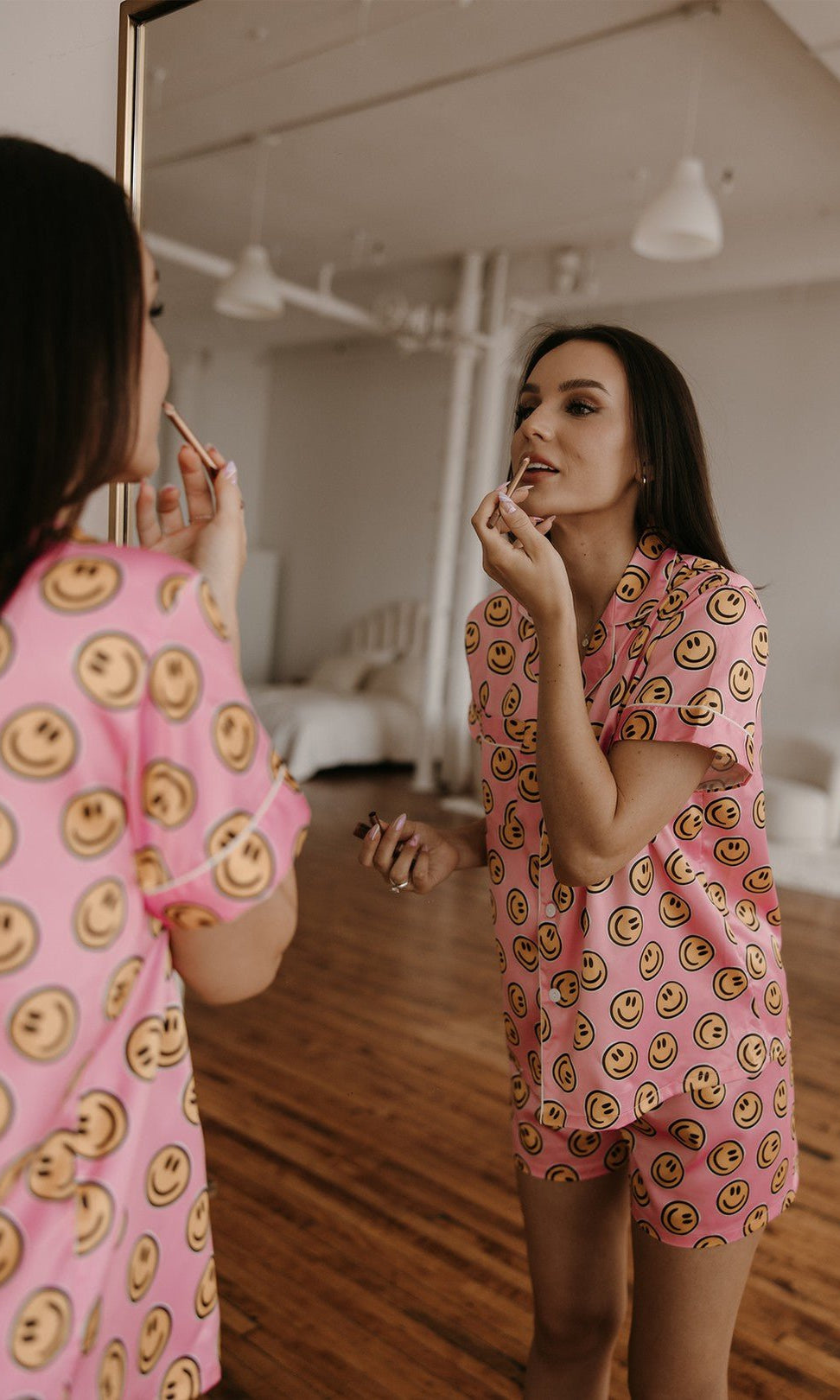 Pink Smiley Face Satin Pajamas Set - Styled by Ashley Brooke
